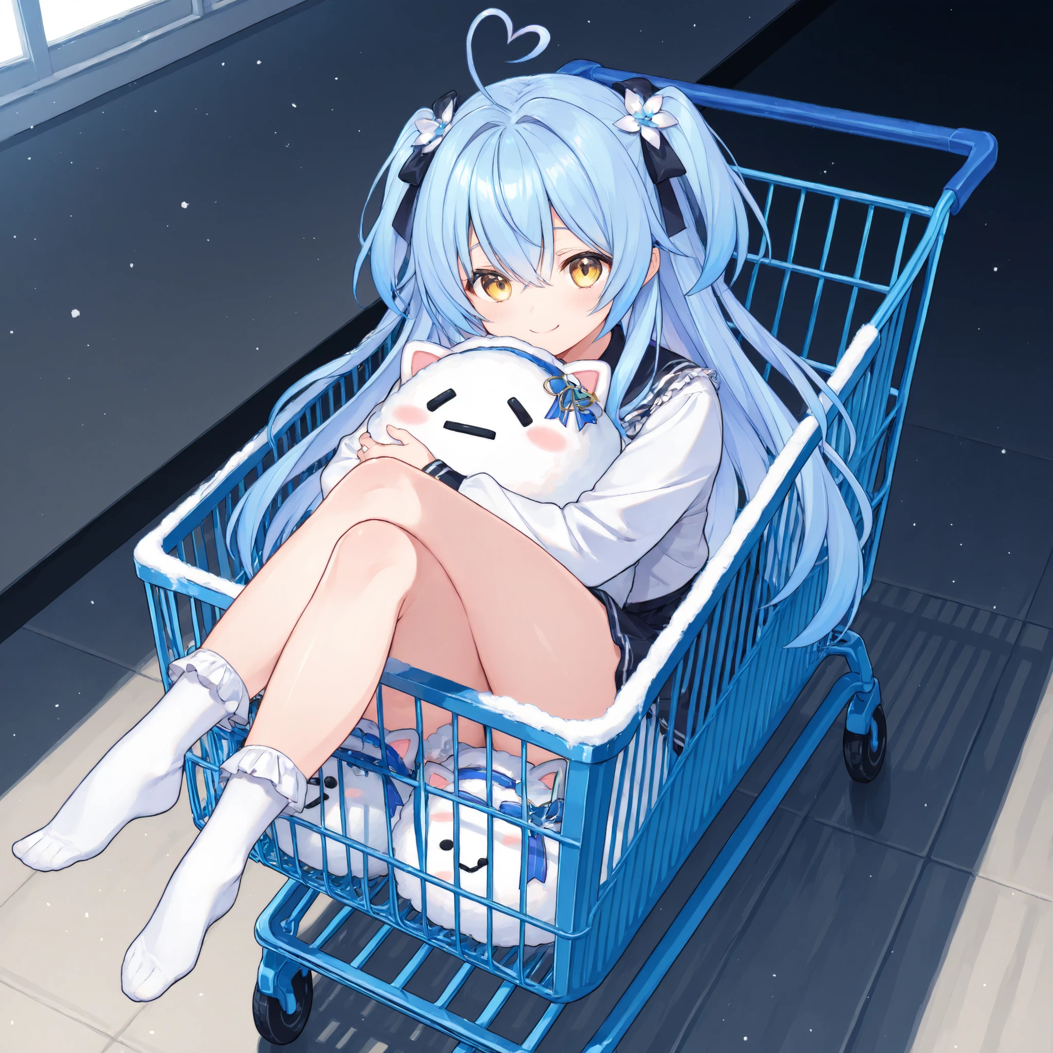 one woman、adult women、22 years old、Light Blue Hair、Golden Eyes、long hair、bungs、、lamy_shifuku、hug the snowman tightly、((heart-shaped idiot hair))、snow flower lamy、two side up、Frill Socks、Ride the shopping cart、stretch legs、Legs crossed、A lot of snowmen in the shopping cart、big 、Smile Yan、from above、cross lace legwear、masterpiece、Best Quality、Highest image quality、full body