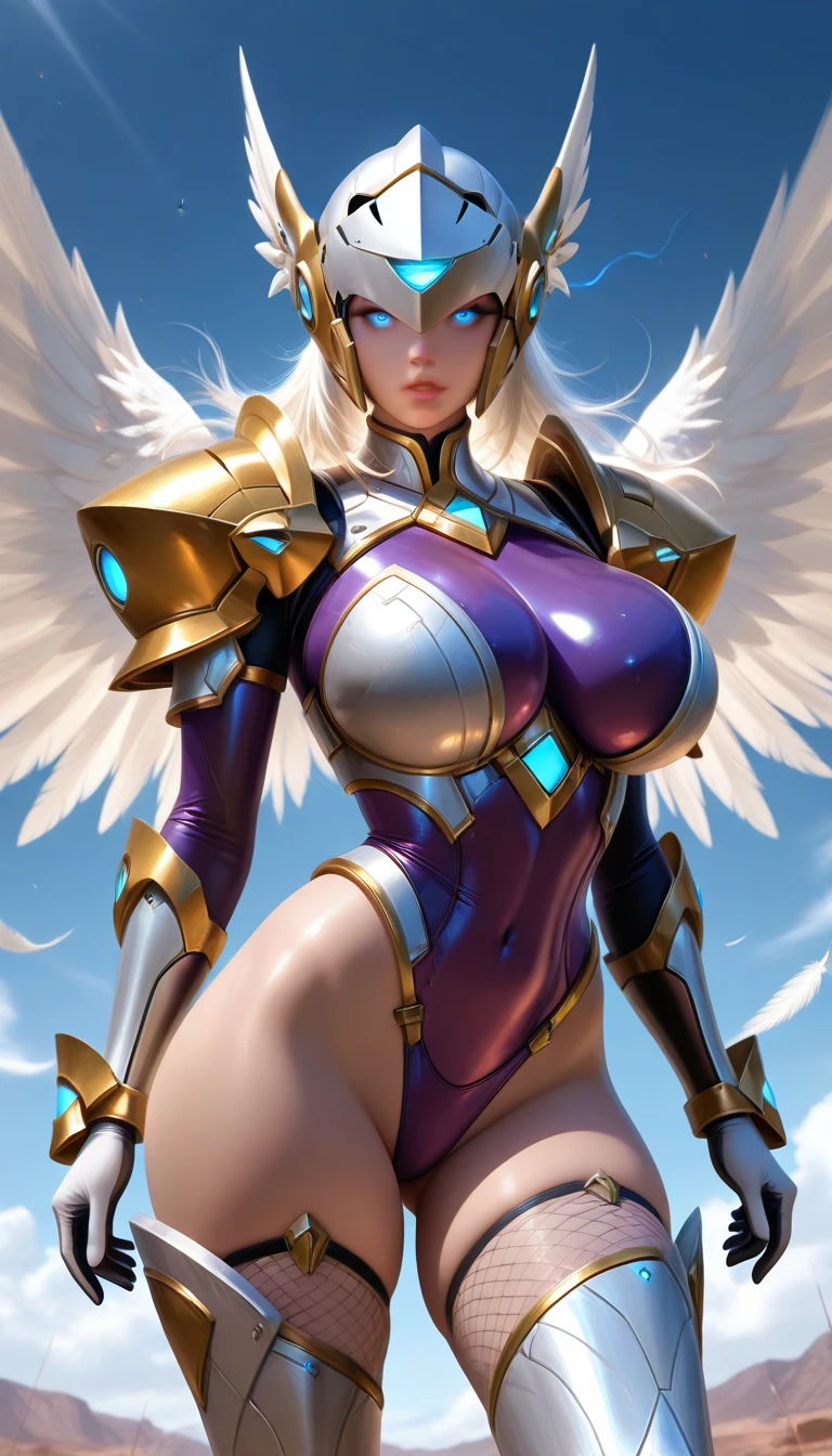 (masterpiece, top quality, best quality, official art, beautiful and aesthetic:1.2), (1girl:1.3), extremely long curly golden hair, extremely detailed, portrait, looking at viewer, solo, (full body:0.6), detailed background, close up, (cool science fiction space theme:1.1), extremely busty valkyrie, charlatan, mysterious, shooting lasers in space, cybernetic angel, huge feathered wings, chrome boob armor, dark purple streamers and skirts and sleeves and knee wrappings, cybernetic implants, mechanical hand, laser cannon, arm cannon, revealing chrome armor, bare midriff, glowing laser energy, halo, intricate armor, ornate chrome armor, sheer white fabric, elegant purple fabric, skirts, streamers, cowl, boots, bracers, ((((gigantic breasts))), slim waist, slim hips, long legs, athletic, SPACE, futuristic moon, (space exterior:1.1) background, dark mysterious lighting, shadows, magical atmosphere, dutch angle