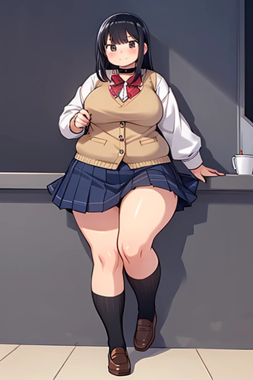 ((Masterpiece)), perfect anatomy, perfect shading, field of depth, (best quality), extremely delicate and beautiful, perfect lighting, detailed face, ultra cute face, cute, (cowboy shot 1.2), looking at viewer, (((1girl))), (((solo))), full body, goth girl

Short hair, black hair, (hair over one eye), pale skin, green eyes, eye liner, ear piercing, choker, necklace, (((blush))), shy, nervous, (black tank top 1.5), (plaid short sectioned skirt 1.5), thigh highs, medium breasts, cleavage, ((wide hips)), (((thick thighs))), (chubby), chubby belly, 

fast food restaurant, intricate background, detailed background, sitting on a table, 