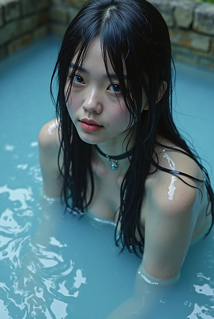 Naked Japanese girl with an expression of anguish peeing by the pool at night pool, pure Japanese facial features, 18 year old female, sitting on the ground with her hips slightly raised and legs spread, peeing, yellow urine, muscular legs, leather collar, light makeup, no underwear, sex slave, long wavy black hair, leather collar, serious gaze, high resolution, realistic photo quality, 4k,