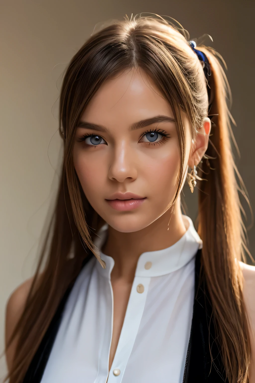 best quality, masterpiece, 1 european girl, brunette , brown eyes, Beautiful face, (realistic:1.3), rim lighting, (high detailed skin:1.2), wearing blue unbuttoned short blazer exposing cleavage , medium breasts, grey plisket short skirt, ponytail contorted, long brown hair