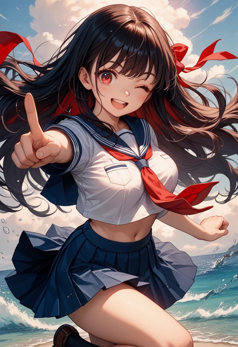 1girl,cute,take a photo,say cheese,peace sign,one hand,perfect finger,smile,big breast,cleavage,sunset,brilliant sea