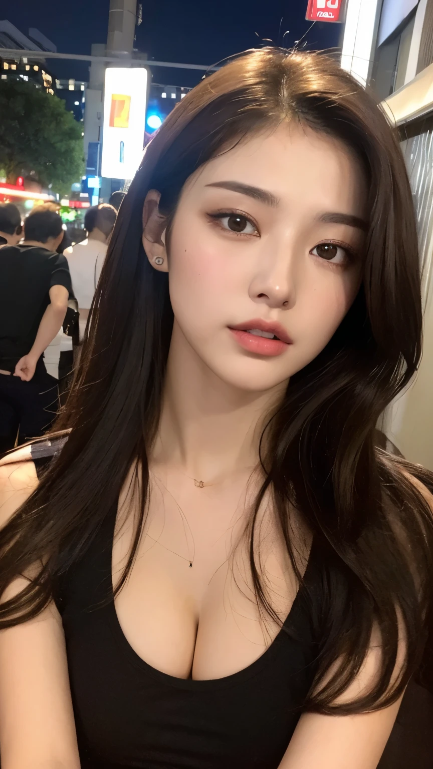 ((Night Scene, Realistic Light, Best Quality, 8k, Masterpiece: 1.3)), 1 Girl, Slim Body Beauty: 1.4, Brown Hair, (Big: 1.3), Off Shoulder Cut Top: 1.3, Ultra Detailed Face, Detailed Eyes, Double Eyelids, Disneyland, Ferris Wheel, Merry-Go-Round, Roller Coaster, Cleavage