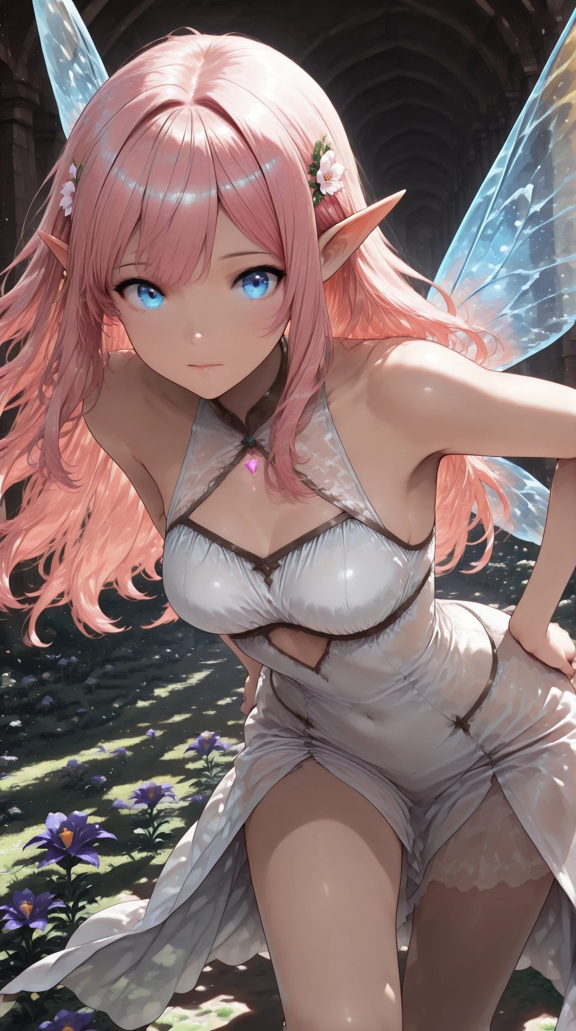 forest fairy,pixie cut,(((fairy wings:1.3))),(((The light of the orb envelops the fairy:1.3))),deep in the forest,sunlight,(((anime character:1.3))),Anime-like fantasy world,(((girl sitting:1.3))),,flower hair ornament,,Disturbance of clothing due to movement,pink hair、Breast flick,(((emphasize the chest:1.3))),(((Enhance your driving motion with motion blur effects:1.3))),(dynamic angle),(Dynamic and sexy poses),(leaning forward:1.3),big breasts,dream-like目,A smile that confuses the viewer,dream-like,professional lighting,realistic shadow,focus only,fold your hands behind your back,hide your hands、Detailed features of the garment,Detailed characteristics of hair,(table top,highest quality,Ultra high resolution output image,) ,(8K quality,),(Image mode Ultra HD,)