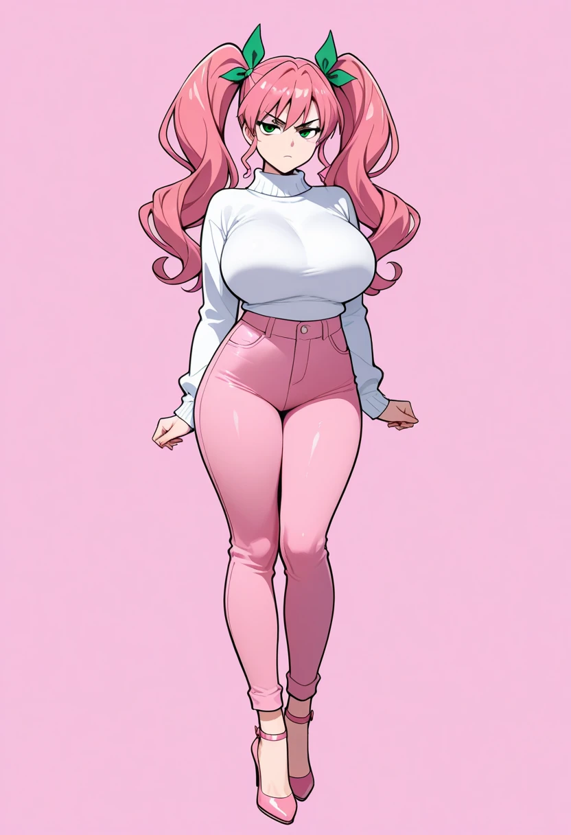 A cute sexy girl with big breasts, huge overweight, long pink hair, her brown eye, dresses in a white blouse with a button tied knot, shows her navel, and thin black pants with shiny heels and pink heels.