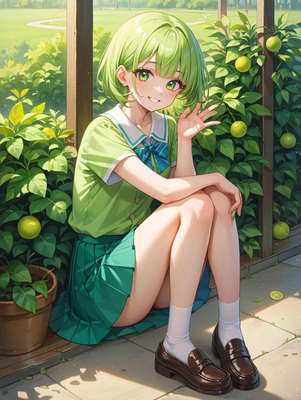 anime girl sitting on the floor with green hair and black shoes, smooth anime cg art, anime visual of a cute girl, anime moe artstyle, the anime girl is crouching, painted in anime painter studio, young anime girl, guweiz on pixiv artstation, made with anime painter studio, anime style 4 k, clean detailed anime art, cute anime girl