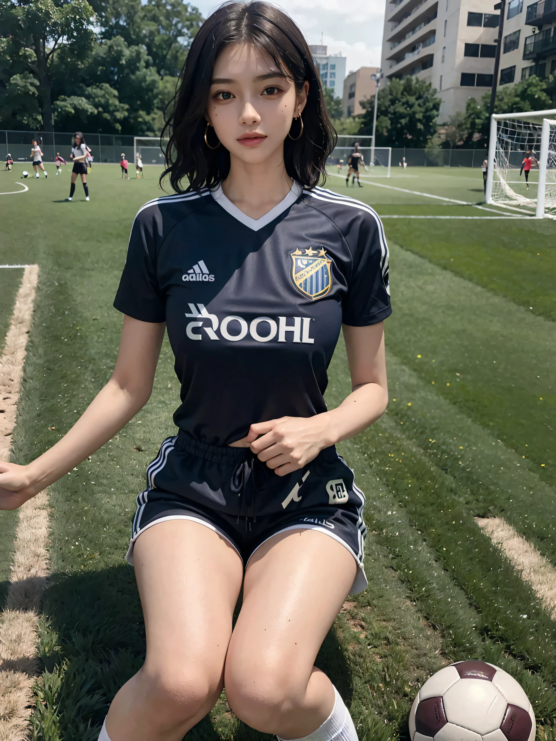 1 beautiful woman,masterpiece,high quality,best quality, extremely detailed,(((wearing soccer wear))),((nsfw)),((nipples are erect under clothing))