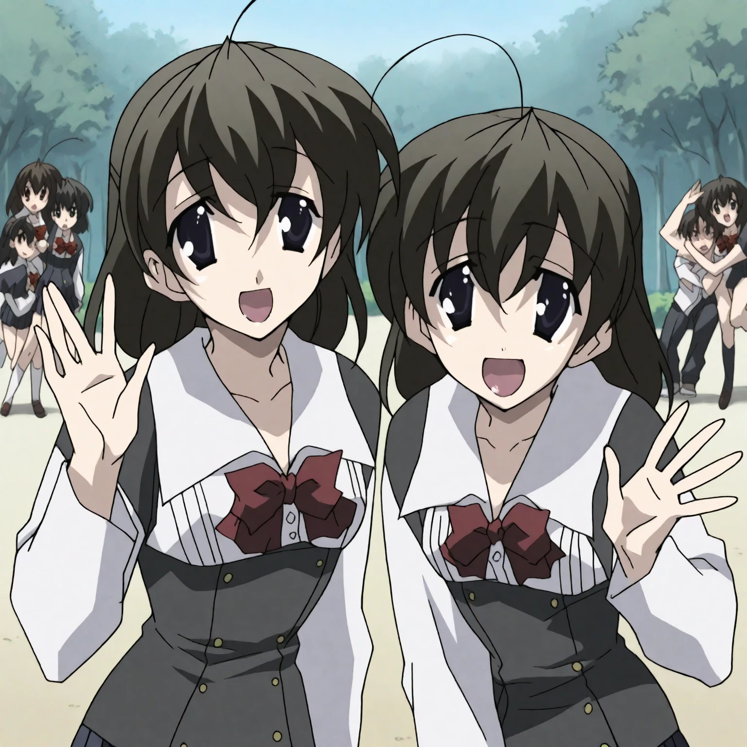 uniformed anime characters are flying through the air, haruhi suzumiya, Yuruyuri, anime ainda, Clannad, estilo de arte anime moe, in style of kyoto animation, filme de anime de alta qualidade ainda, Yuyushiki, Kyoto Animation Still, anime ainda image, Fotos A-1, Close Up Iwakura Lain, imagem de anime shuushuu