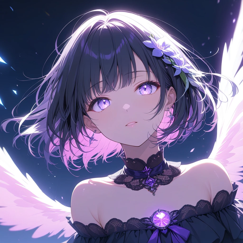 yuukikonno, Yuki Konno,Black Hair,short hair,Bob Hair ,Green headband,(Purple eyes:1.5), (Small breasts:1.2), smile,Purple Dress,Purple long skirt,purple stiletto heels,No sleeve,Expose your shoulders,Bare arms,Bare neck,bare clavicle,Wearing a wedding ring on the left hand,Heart Necklace,Tears stream down her face,Tears of joy,I cry a lot,Romantic night view,moonlight,whole bodyがイラストに入るように、
break outdoors, hill,
break looking at viewer, whole body,
break (masterpiece:1.2), highest quality, High resolution, unity 8k wallpaper, (shape:0.8), (Beautiful details:1.6), Highly detailed face, Perfect lighting, Highly detailed CG, (Perfect hands, Perfect Anatomy),