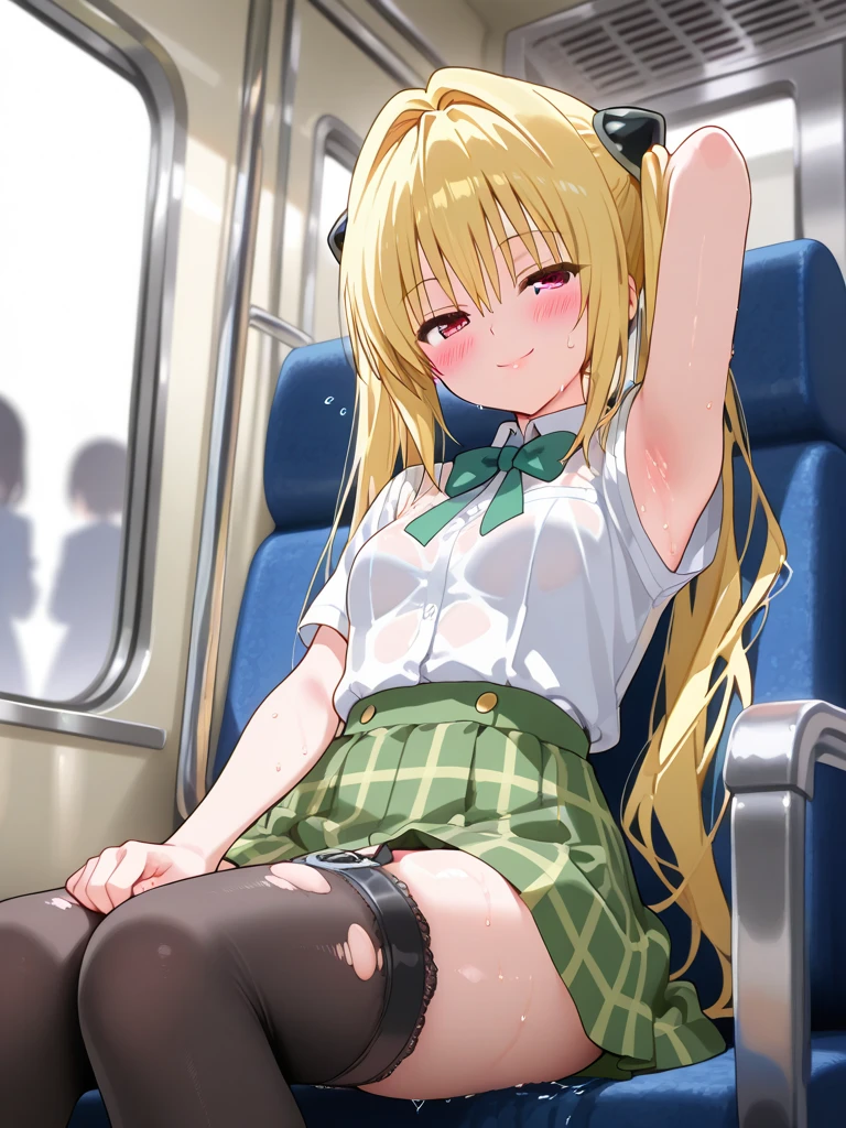 NSFW,masterpiece,highest quality,High resolution,anatomically correct,Fiami,Dark-ish,Yaminor,1 girl,long hair,solo,hair ornaments,two side up,blonde hair,red eyes,small breasts,hair ornaments,school uniform, hair ornaments,skirt, red eyes, thigh strap, sweater vest, 格子縞のskirt, plaid socks,molestation,My butt is grabbed on the train,My breasts are being fondled by a man,My pussy is being touched,shy,sex,立ちバックsex,Creampie,Being penetrated by a man from behind,sexual treatment,sex slave,(Sweat:1.5),