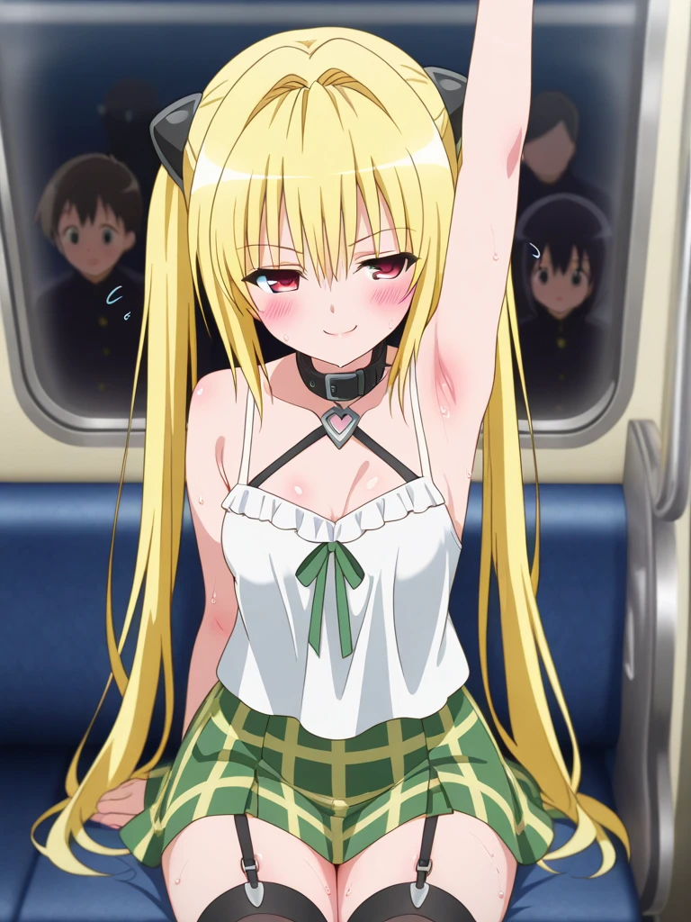 NSFW,1 girl,darkness、(Yellow Hair:1.5)、Long Hair、(Red Eye:1.5)、(hair ornaments:1.2)、Two Side Up、Long dress,(Perfect hands),(Perfect Anatomy),(masterpiece),(highest quality),(Ecstasy face:1.5),Embarrassed,blush,Inside a crowded train,(Being molested:1.5),1 middle-aged male,Man standing behind,Feeling sexual pleasure