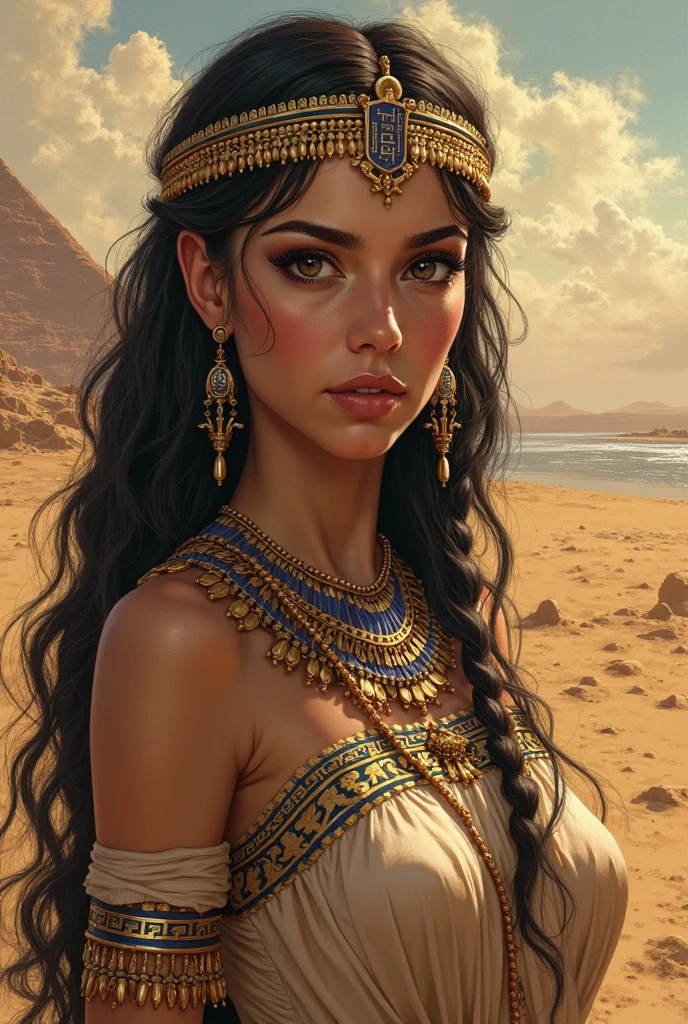 Cleopatra 7, the Queen of Egypt, with distinct Greek features, such as her characteristic Greek hairstyle and clothing, to emphasize her Greek heritage.
Illustration, (best quality:1.2), ultra-detailed, realistic:1.37, portraits, vivid colors, sharp focus, studio lighting, bokeh, HDR, UHD, ancient civilization, majestic presence, ancient Egyptian motifs, Egyptian hieroglyphs, elegant and intricate jewelry, beautiful detailed eyes, beautiful detailed lips, long eyelashes, regal and confident posture, flowing robes, gold and white color palette, glowing sunset in the background, glowing golden serpent crown, finely textured silk, detailed patterns on clothing, intricate lace-like embellishments, refined and elaborate hairdo intertwining with braids and curls, delicate golden jewelry adorning the hair and neck, ornate golden arm cuffs, sand dunes and palm trees in the distance, warm and golden color tones, soft and diffused light, mesmerizing gaze, proud and determined expression.