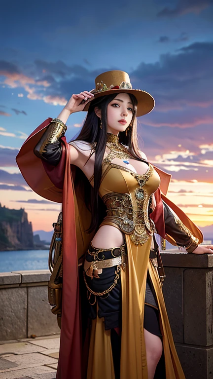(masutepiece), Professional , masterpiece、top-quality、photos realistic , (Gemstone Silver Metal Body:1.9),(Matte White、(Put on a pirate hat)、Jewel Gold Weapon(Jewel Metal Body:1.4),Gorgeous metal weapons , Detailed Sword of the Brave , Beautiful knife ,warhammer 40k , The port town、adepta sororitas,Detail and ornate jewel crown、Black hair、Gangle's forest background、Beautiful Caucasian beauty、1a person、dynamic ungle,(((Detailed and ornate diamond crown)))、Smaller head、A smile、Take a sexy pose、Background inside the castle、Thin and beautiful female hands、cleavage of the breast、Soldier in iron armor on background、Man soldier in iron armor on background、Sea view、Pirate Ship、Woman or stand in the center、Lots of pirate ships、Luminescent particles,light scattering,Tindall Effect