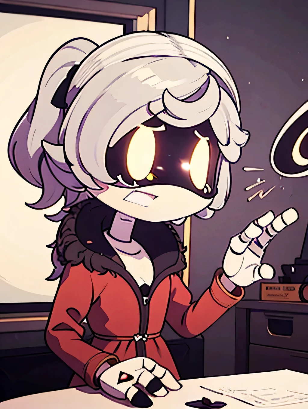 murder drones, murder drone, white hair, fluffy hair, slightly curly hair, ponytail, androgynous, winter coat, short hair, yellow eyes, one person, in room, messy hair, close-up,