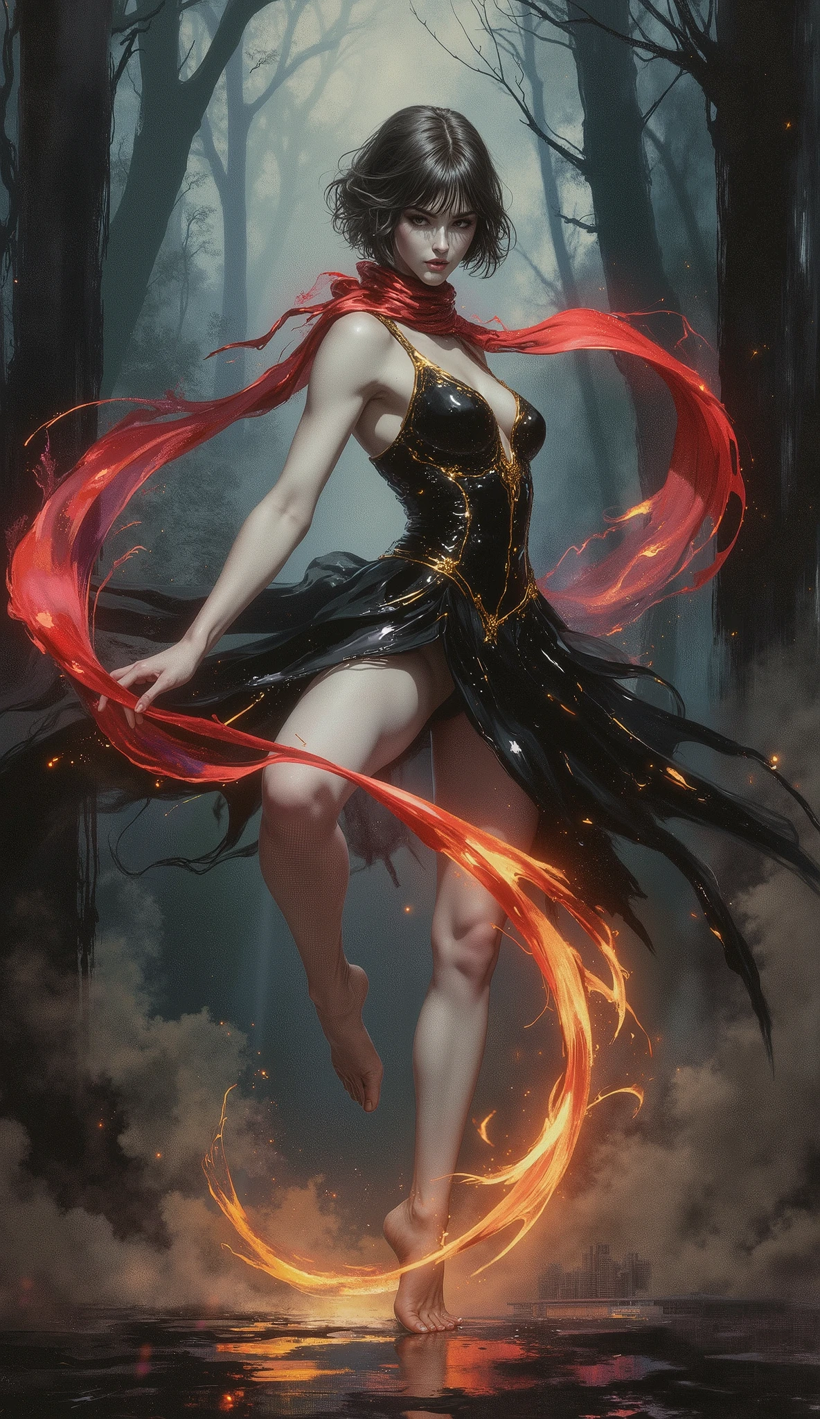(masterpiece, 8k, best quality, ultra-detailed, photorealistic), A stunning artistic illustration of a surreal fantasy dancer. The subject is a gorgeous young woman with a chic, short brunette bob haircut and piercing amber eyes; her face is a portrait of intense focus and fierce determination. Her skin possesses the flawless, opalescent glow of polished white marble. She has the lithe, powerful, and petite physique of an Olympic gymnast, with impeccably defined musculature, perfect anatomy, and anatomically correct hands with five delicate fingers. She is captured mid-air in a breathtaking, gravity-defying leap, a dynamic pose of sublime elegance and raw power. She performs on a vast, mysterious stage shrouded in deep shadows and dramatic, atmospheric gloom. Her attire is a high-fashion, fantasy-realism leotard crafted from obsidian-black liquid silk, accented with intricate, glowing veins of crimson and gold. The leotard features a long, gossamer-thin, flowing train that dissolves into smoky tendrils. She wears matching leggings that shimmer with a subtle, pearlescent sheen. A magnificent, impossibly long scarf, a vibrant river of fiery red-to-solar-yellow ombré, is wrapped around her neck, its ends billowing and twisting through the air like captured tongues of flame. Ethereal ribbons of incandescent light, like liquid starlight, trail from her fingertips and feet, painting shimmering, energetic arcs in the darkness, a visual echo of her movements. The scene is illuminated by dramatic, cinematic lighting, with volumetric god rays cutting through the darkness to sculpt her form, casting long, stark shadows that create a mature, poignant, and evocative atmosphere. This is a professional digital painting of the highest caliber, featuring intricate detail, sharp focus, and a style that blends hyperrealism with high fantasy, award-winning art.
