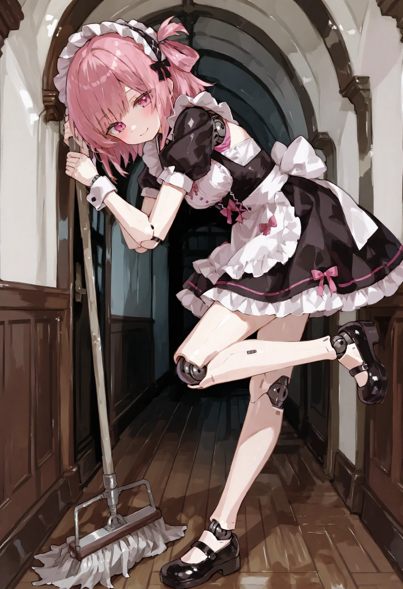Maid Outfit。Short pink hair 。 hair ring 。pink eyes。Mechanical joints。Please bring the machine body 。gothic long hallway。headdress。weakest。cute。Hold down the mop。Cleaning the floor。profile。Smile Yan。Standing。Full Body。Horizontal position。One leg bent