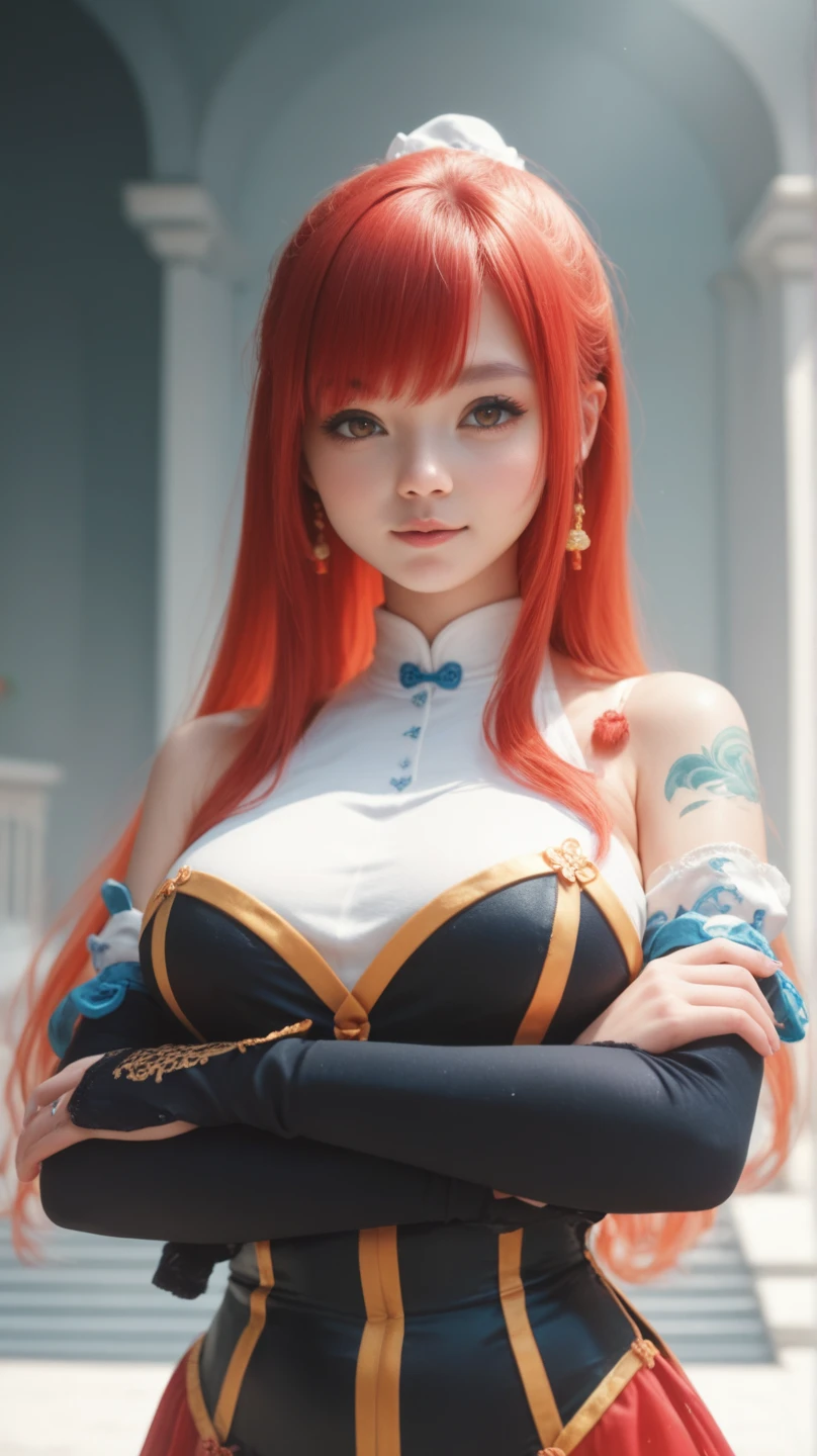 tmasterpiece, (realisticlying: 1.5), top-quality, beautiful light up, reallife, employment (the original god \), Girl One, ahoge, architecture, By bangs, exposed bare shoulders, bell, Black gloves, black pantyhoses, (Blue hair), Be red in the face, boobgasm, Chinese knot, Remove sleeve, east asian architecture, flower knot, mitts, horn, long whitr hair, looking at viewert, mediuml breasts, Neckbells, the night, Outdoor activities, lacepantyhose, a purple eye, side locks, Alone, nipple tassels, White sleeves, (ulzzang-6500:0.5), Complex, high detal, Focus sharp, dramatics, beuaty girl, (RAW photogr, 8k ultra high definition, filmgrain), Caustics, sub surface scattering, Reflectors, a skirt