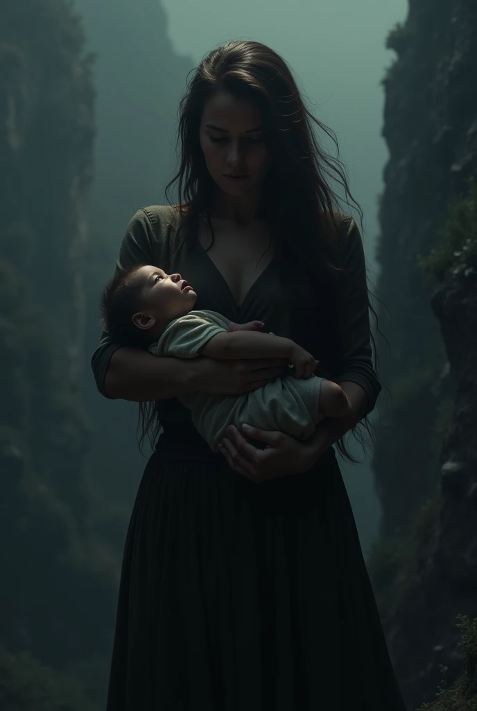 Beautiful innocent mother with torn clothes nursing her young handsome son laying down in the mud surrounded by bad men