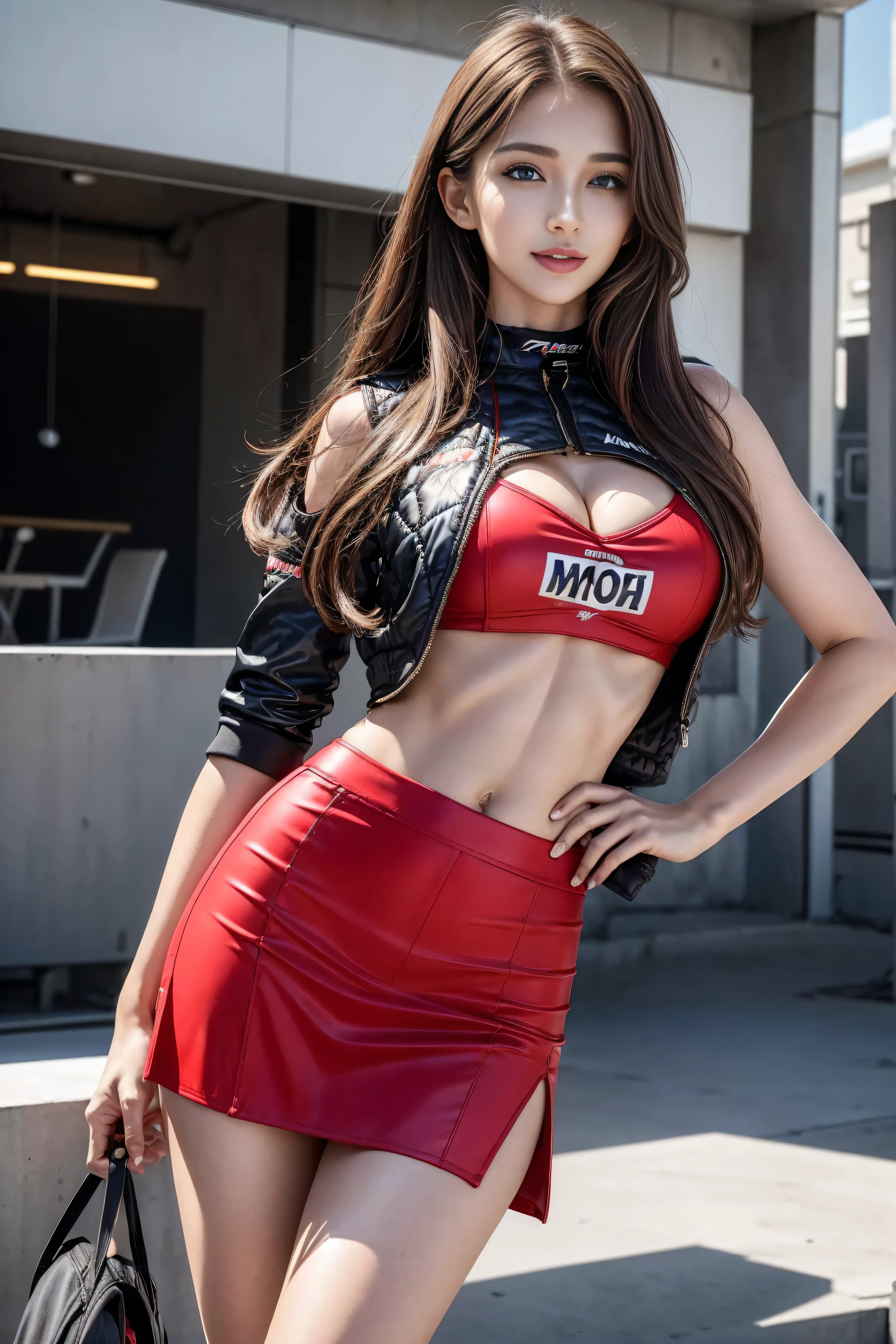 (masterpiece), ( MotoGP Racing Girls), (Eyeliner:0.5),(blush:0.5), Black Hair, A faint smile, Refers to a beautiful and delicate girl, Extremely detailed eyes and face, Beautiful and delicate eyes, , ((MOTOGP events)), (MotoGP track background), (best quality, high resolution, Reality, The original, 8K,masterpiece, ),(((Dynamic poses))),(((Midsection perspective))),(((Showing the underside of the chest ))),(((Red Mini Skirt Lift))),(((Bare inner thighs))),(((Formula One cars on display))), (Vibrant colors:1.2), (Beautifully),