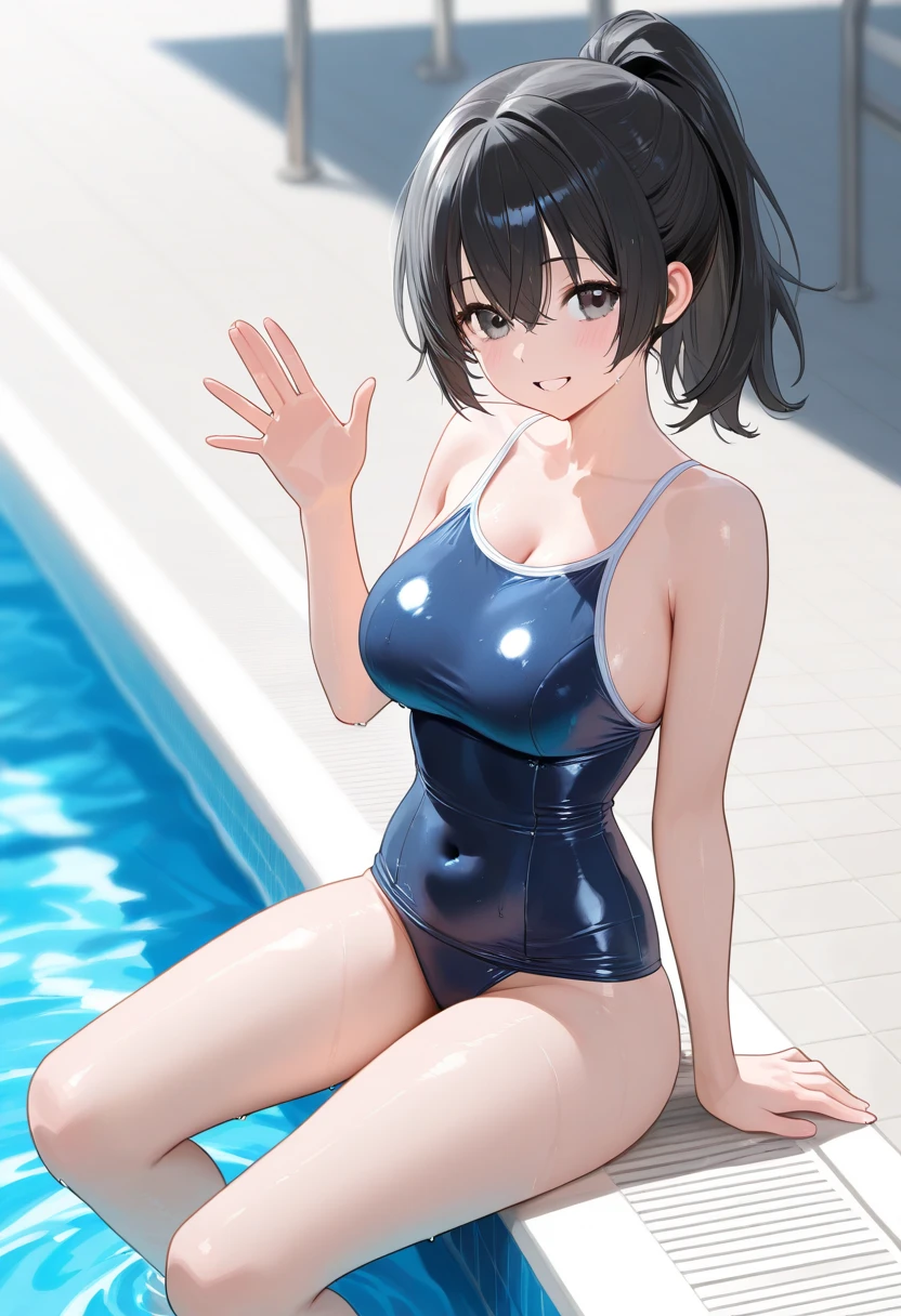 high resolution, extremely detailed CG, unity 8k wallpaper, super detailed skin, perfect anatomy, detailed, cinematic lighting, dynamic lighting, beautiful detailed eyes, looking straight:forward, Ultra HD、Best Quality、Top quality、Extremely detailed image quality、Realistic woman、One Woman、(A big smile、Laughing with your mouth open:1.2)、Japanese、Peaceful face、(10 year old girl:1.5)、belly button、Black Hair、Short Hair、Shiny skin、Glossy skin、High gloss skin、Composition from head to leg、(Incredibly big 、Cleavage:1.4)、(navy one-piece swimsuit:1.2)、Heated Pool、Indoor swimming pool、Walking、