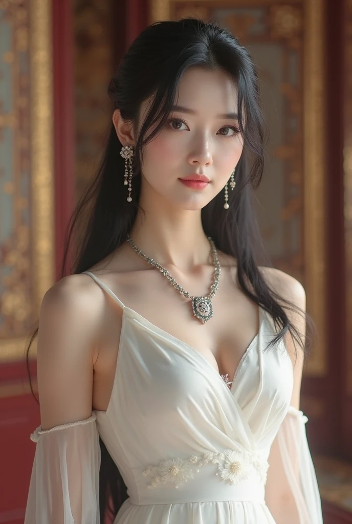 (highres, ultra-detailed, realistic:1.37), aerith, final fantasy, beautiful body, beautiful detailed eyes, detail-oriented nose, luscious lips, long flowing hair, radiant smile, elegant crown, royal attire, intricate jewelry, graceful pose, enchanting expression, majestic castle in the background, vibrant colors, soft lighting, regal atmosphere, atmospheric perspective, stunning landscape, floating clouds, magical aura, timeless beauty, intricate patterns, ethereal ambiance, striking contrast, dreamlike quality, cinematic composition