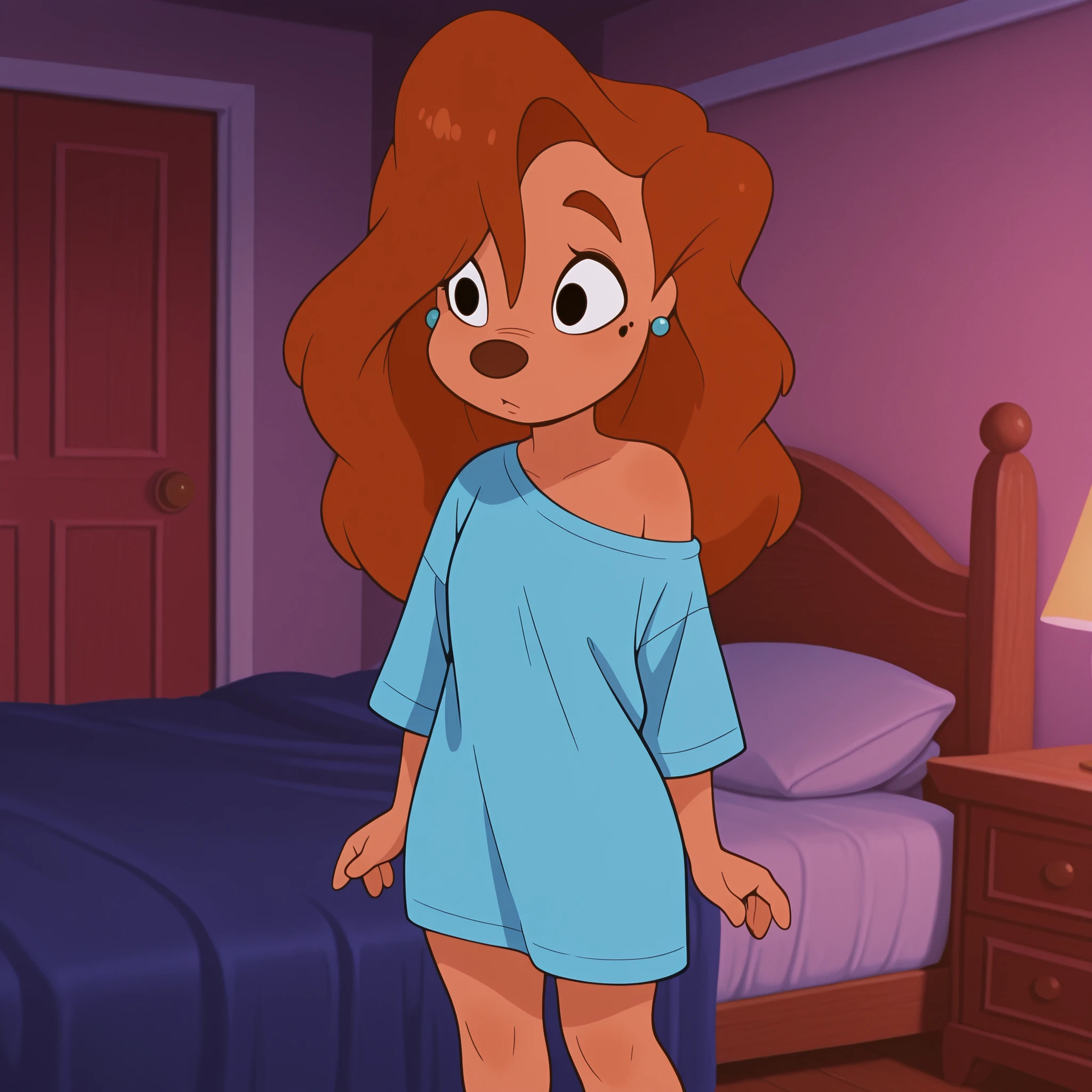 roxanne, 1girl, furry female, brown hair, long hair, solo, earrings, black eyes, oversized shirt, standing, in bedroom, fancy bed,