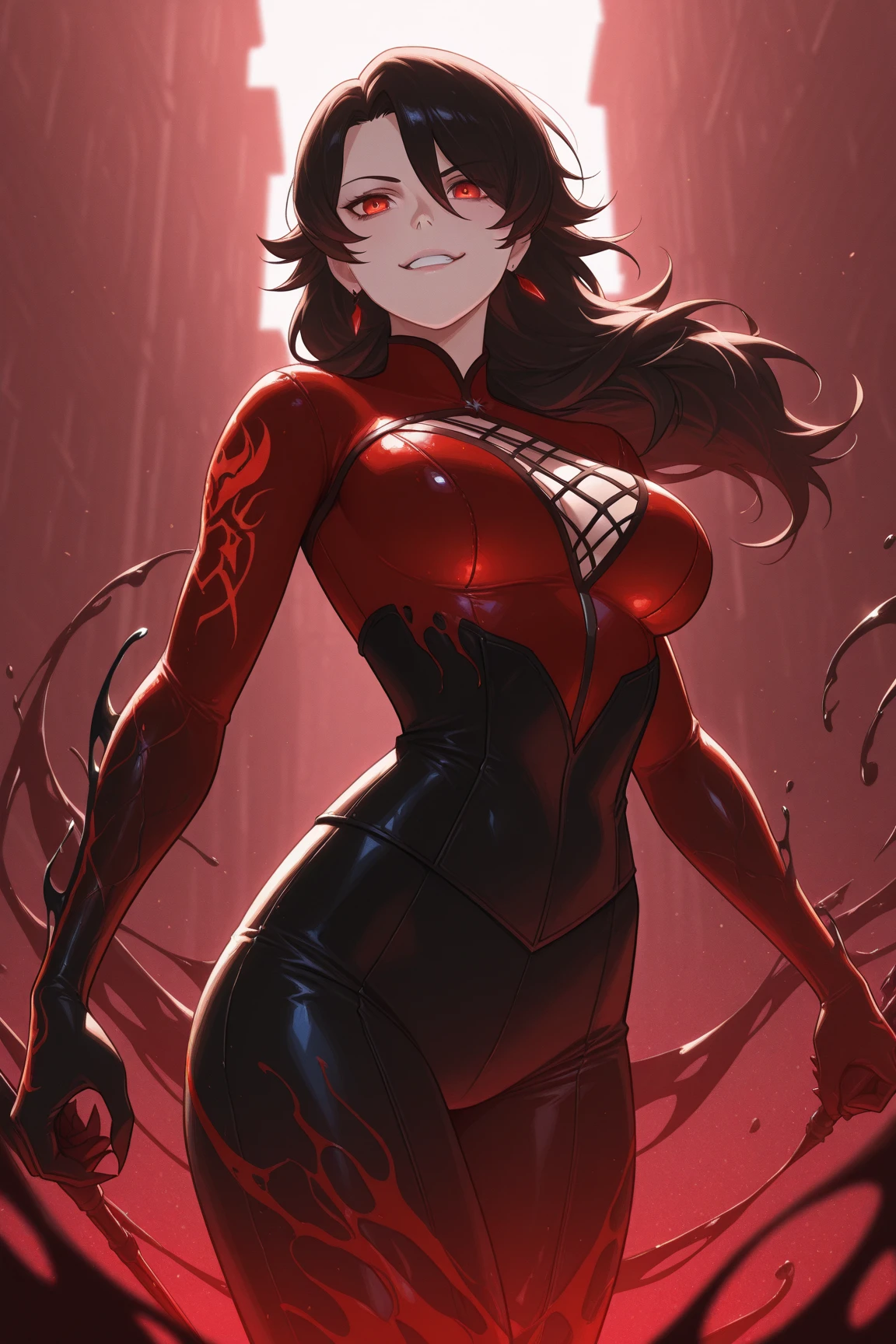 girl, beautiful, symbiote, scared, black slime, masterpiece, beautiful, red light,