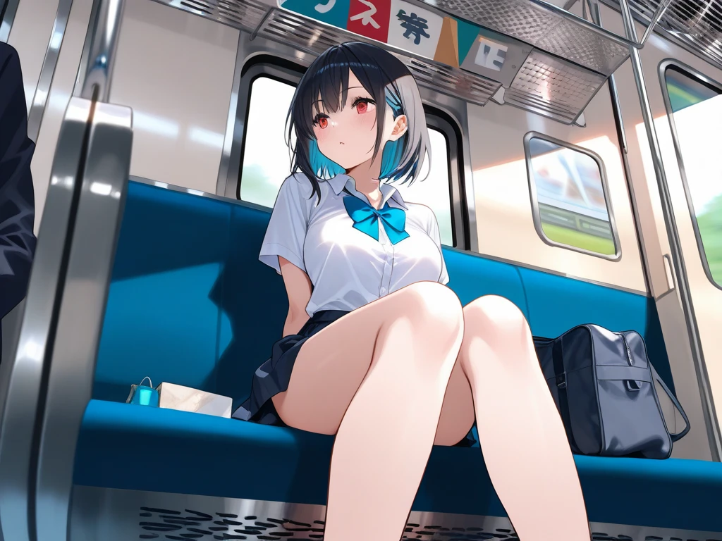 (1girl), (solo), (profile), extremely cute girl, (highly detailed beautiful face and eyes), lamentation, purple eyes, (navy hair):1.2, (tied up back hair into bun), (one top knot bun on head):1.2, many bangs, beautiful hair, oversized tshirt, short pants, sandals
BREAK
absurdres, highres, masterpiece, (in window of flying airplane):1.5, (in air), (vivid colors),