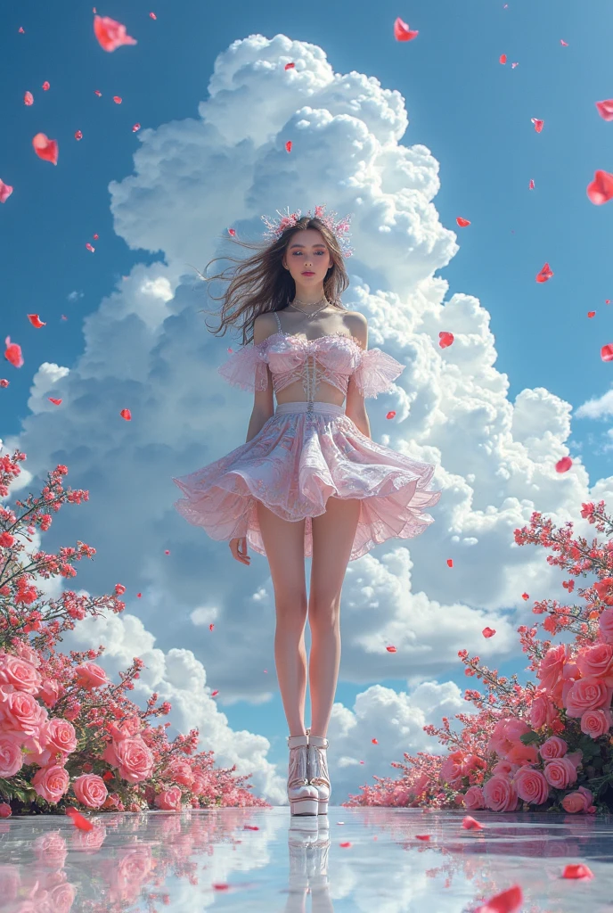 (best quality, masterpiece: 1.1), (actual: 1.4), Beautiful is riding on a pink squid, divine thunder, teenager, silver short hair, blue eyes, whole body, from below, hourglass body shape, fly over the park, Crystal AI, Fractal art, splash