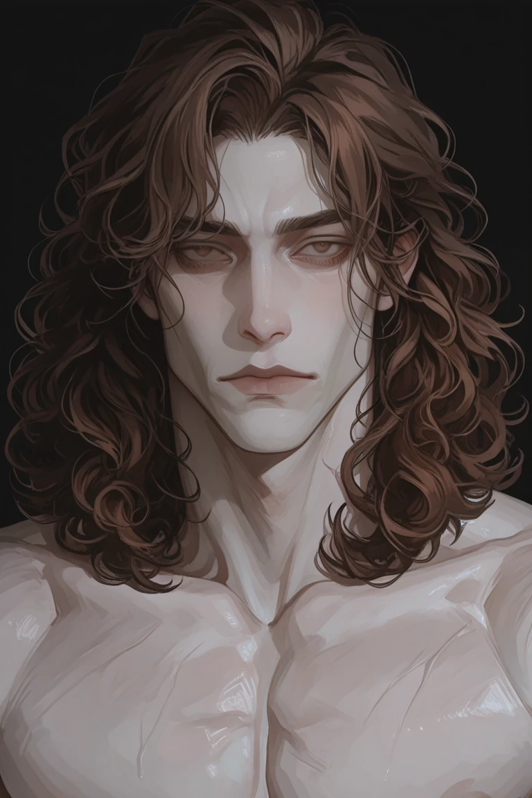 portrait of a handsome male model, 38 years old, shirtless, barechest, with beard, with wavy hair, green eyes, thick lips, defined muscles, fit, ripped body, medium shot, ultra highest detailed face, darmatic lighting, dim light