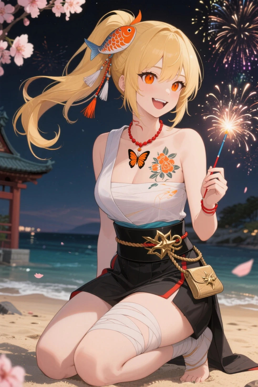 1girl,cowboy shot,sitting,chair,fireworks,evening,joy,origen,巨乳,完美身材,丰满