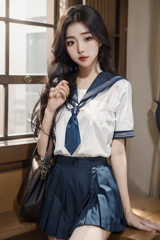 (Best quality, 8k, masterpiece: 1.3), a Pretty Girl with perfect figure:1.4, (high-school student, teens), (summer school uniform, sailor uniform, mini skirt, scarf, school knee-high socks), (black hair, long hair), (black eye), (small breasts), (blunt bangs:1.2), (high school, classroom), highly detailed face and skin, detailed eyes, double eyelids