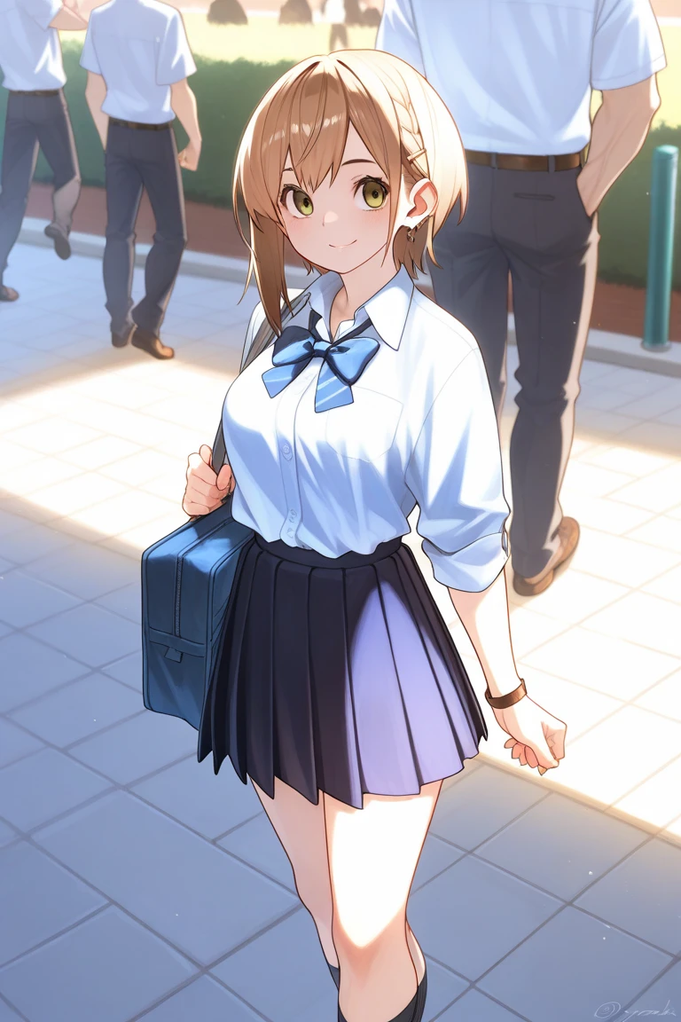 ((masterpiece)),(best quality),official art,extremely detailed CG,unity 8k wallpaper,ultra detailed,beautiful detailed eyes,extremely detailed face,1girl,solo,cowboy shot,looking at viewer,facing viewer,Momozono Hozumi(unoneno),smile,long hair,blonde hair,twintails,hair ornament,hairclip,hair ribbon,bangs,brown eyes,school uniform,short sleeves,black vest,collared shirt,neck ribbon,red ribbon,white shirt,large breasts,miniskirt,frilled skirt,black skirt,plaid skirt,white socks,loafers,<lora:Momozono Hozumi(unoneno):0.9>,