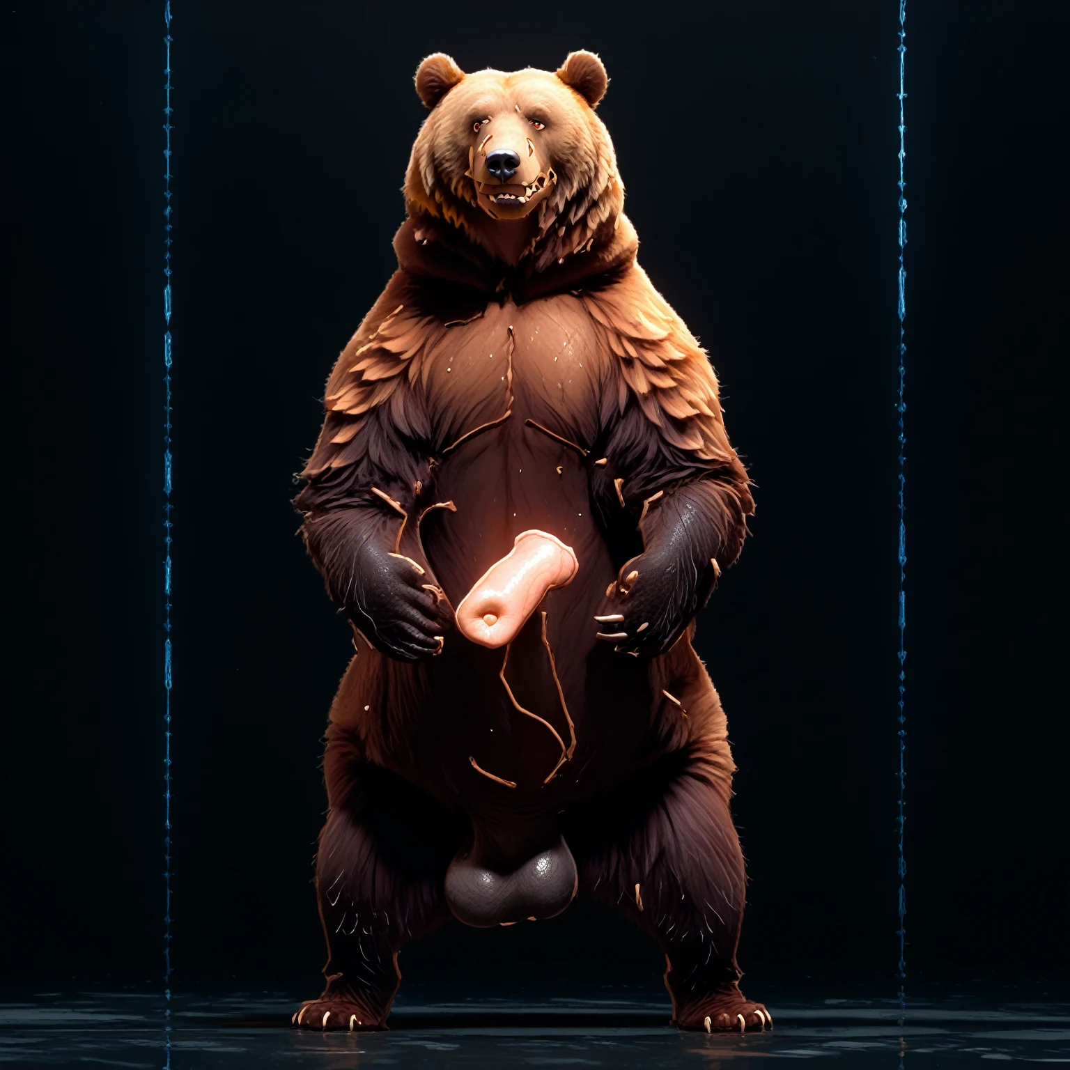 a furry male anthro Orangutan standing with his hands behind his back. He is wearing underwear and is depicted in a simple background. The artwork should be in a front view perspective. The image should be of the best quality, with ultra-detailed features and a realistic, photorealistic style. The colors should be vivid and the lighting should create a professional and visually appealing effect. The inspiration for this artwork comes from artists such as buta99, bebebebebe, inu-sama, and shmutzo.
