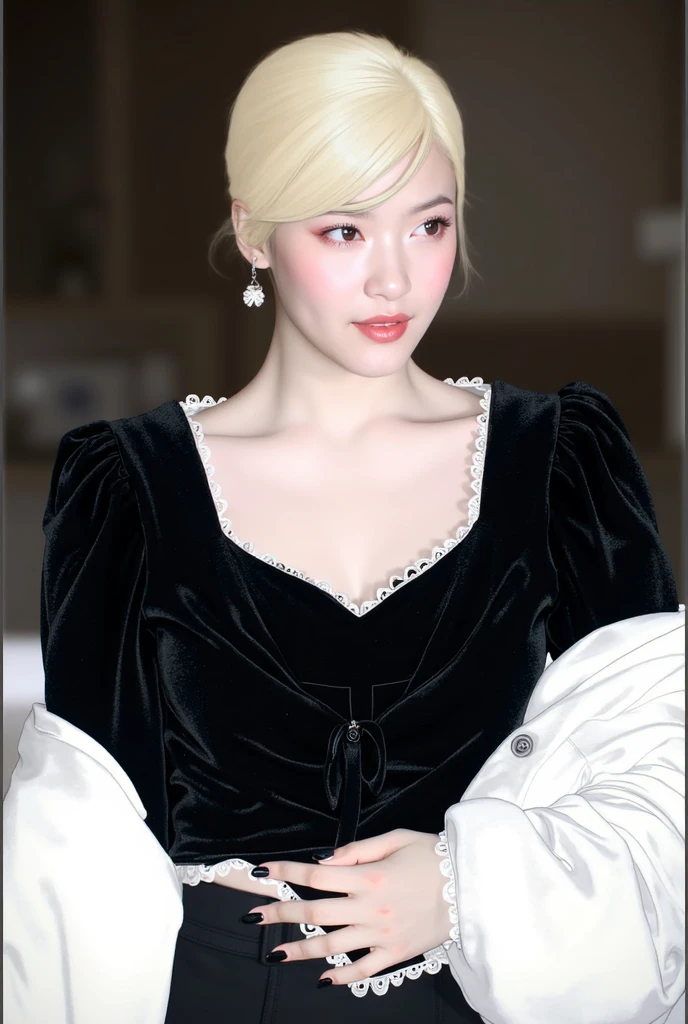 (((masterpiece))), Ultra-high resolution, (8K), (((Looks super realistic))), Highest quality, Ultra fine, ((Anatomically correct)), Cinematic lighting, (Super beautiful sexy 29 year old woman), ((Only one person)), Oval Face, Beautiful Face, smirk, Natural Makeup, Detailed big eyes, double eyelid, Detailed eyebrows, Thick lips, ((Short hair:1.3)), ((White Blonde hair color:1.3)), Detailed skin texture, Glowing Skin, (Alluring large breasts:1.3), Perfect and beautiful body, Seductive big ass, Detailed and perfectly fitted outfit, (((black tuxedo jacket, Silk shirt, Silk pencil skirt))), Gorgeous Earrings, Gorgeous Necklace, Gorgeous Accessories, tie,
