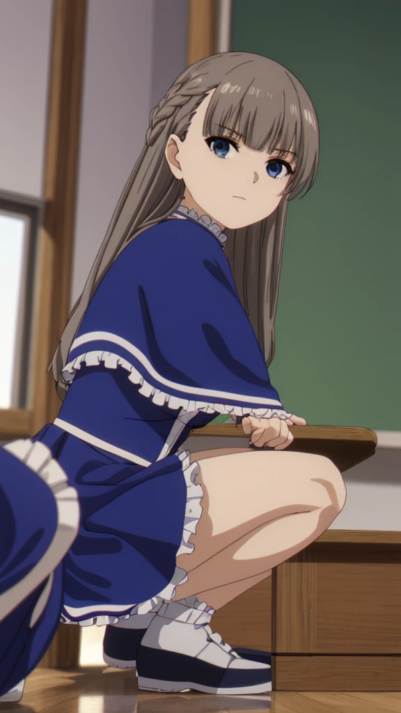 (masterpiece, best quality:1.2),illustration,8k,hd,1girl,solo,long_hair,brown_hair,bow,school_uniform,purple_eyes,jacket,bowtie,blazer,long_sleeves,pleated_skirt,kneehighs,white_socks,<lora:Akitsuki Marina-V1:0.9>,