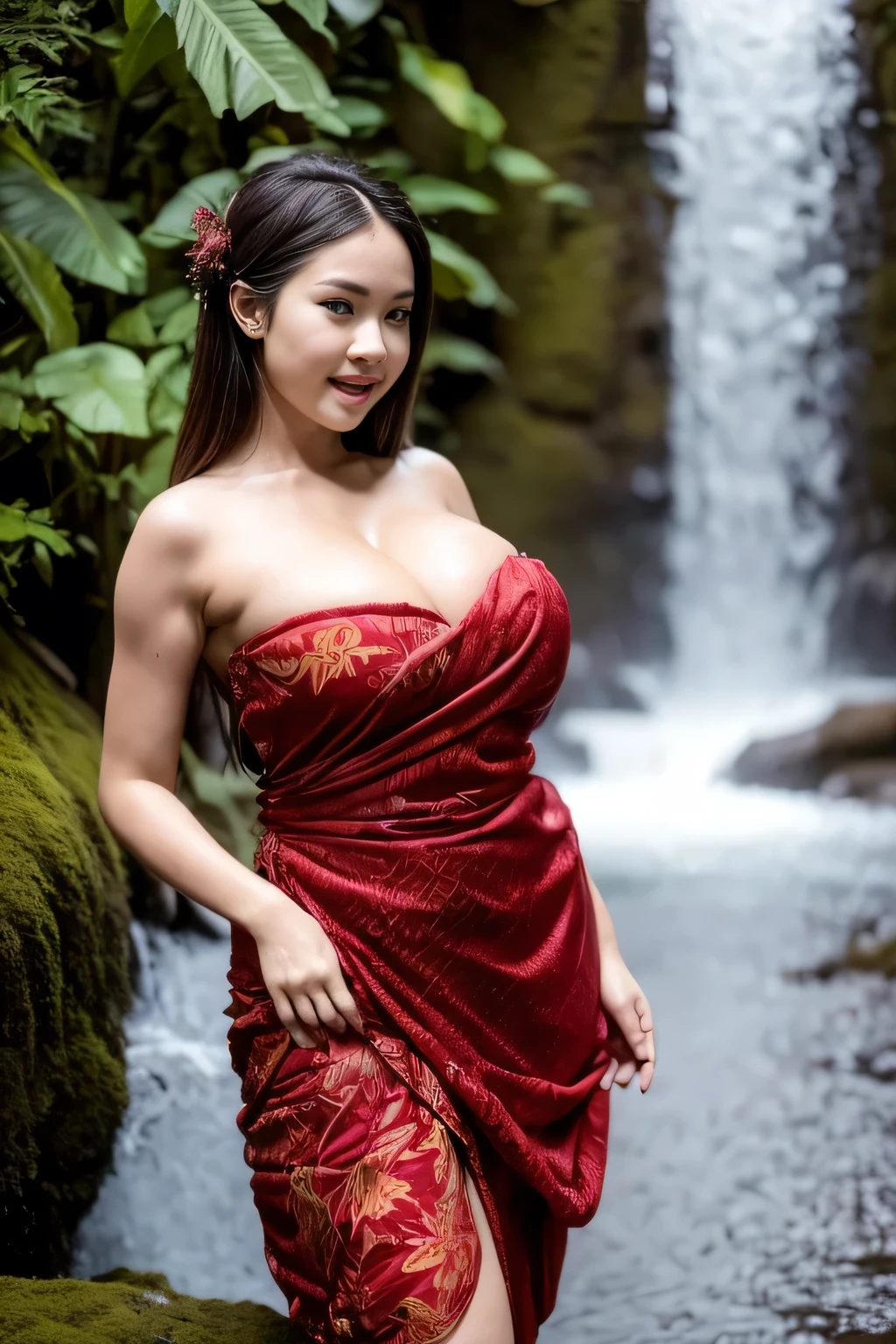 RAW, Best quality, high resolution, masterpiece: 1.3), beautiful Arabian woman, Masterpiece, perfect wet soaked body, wet clothes, (big breasts:1.5), cleavage cutout, open breast, black chignon hair, open stand, realistic, (heavy hairy pubic:1.3), Soft smile, thick thighs, woman standing in the waterfall in a dark red batik patterned kebaya short dress, she is about 20 years old, pale white skin, wearing a sexy red kebaya dress, arms up