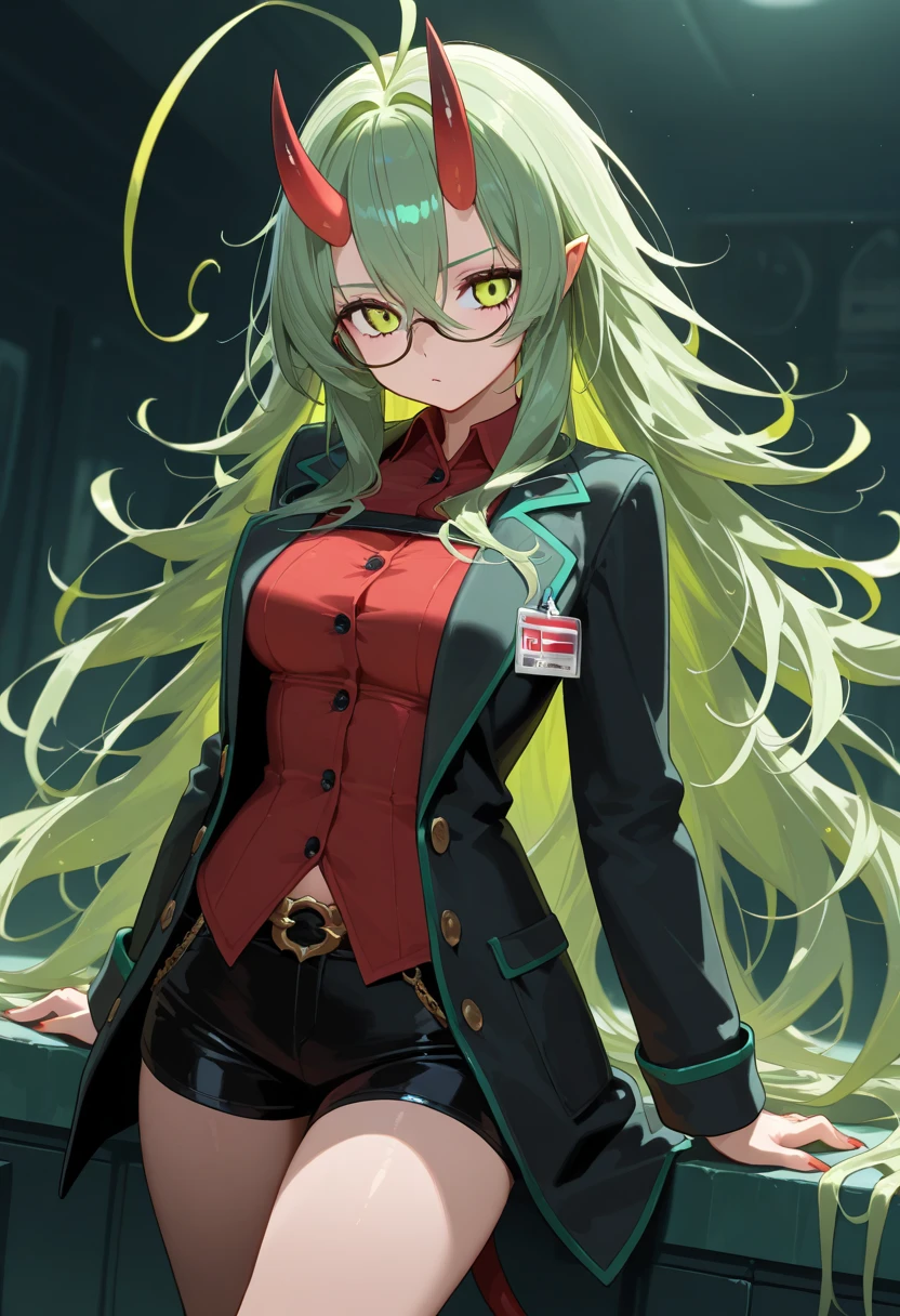 Green hair, long hair, black shirt, black pants, tall, woman, black, white striped hair, white lab coat, medium chest, covered chest, earrings, necklace, glasses, uniform, professional