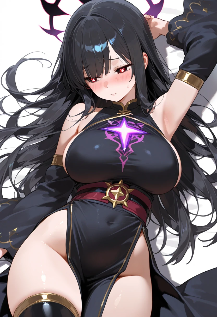 Albedo。Overload。An illustration。girl。Black Hair。In the heat。Big Breasts。Fantasy。Viking。armor。White skin。mini skirt。With legs open。Glare。Fresnel。The hair is transparent with light。