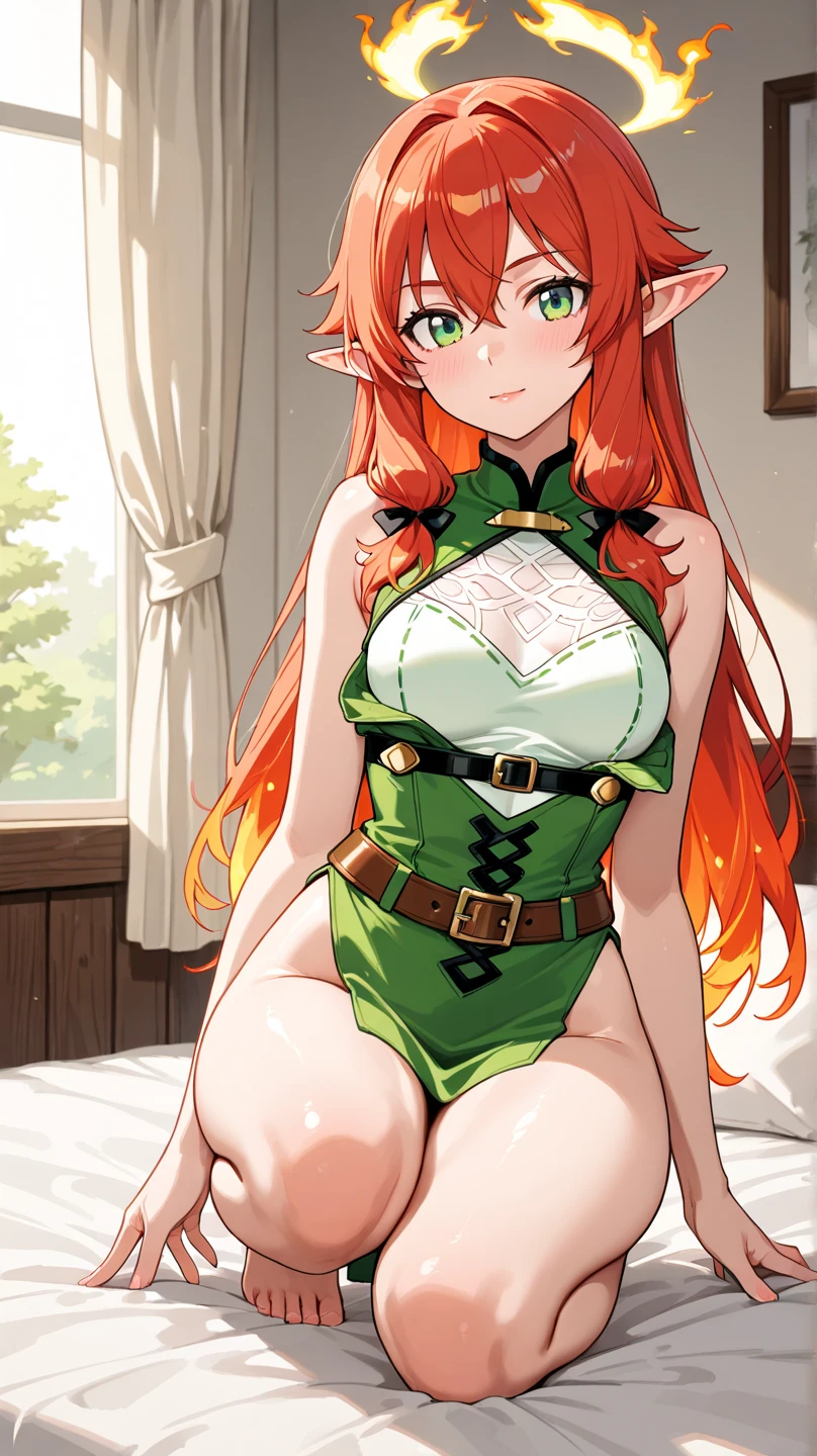 (absurdres, best high quality image, very detailed character and image, carefully detailed textures and pixels, carefully detailed character and image, very detailes features and textures)
{{1character: 27 years old elf girl common citizen}, (Scarlet Red long straight hair, fair skin, light purple eyes, beauty, short pointy elf ears, beautiful face, beautiful features, big breasts, voluptous body, beautiful legs, big butt), (Yellow one-piece leotard with short leggings, yellow sport shoes, yellow wristbands, flower adorning her hair), (sweet cheeeful smile, nice sweetest girl, dancing alone sexy, shacking her booty), (house living room)}}