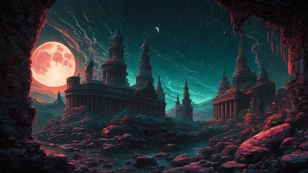 fantasy art, RPG art, photograph, RAW, (Ultra detailed: 1.5), Best Detailed, picture of temple of magic worship, an epic fantasy building intensive art work, live like statues, stained glass art, Renaissance art work with, decorations of (fire: 1.2), BREAK and (lightning: 1.2) BREAK and (earth: 1.2) decorating the building, a medium distance shot, night time, full moon, stars. fantasy magical city background, (masterpiece: 1.5), best quality, (extremely detailed), ultra wide shot, photorealism, depth of field, hyper realistic, 2.5 rendering