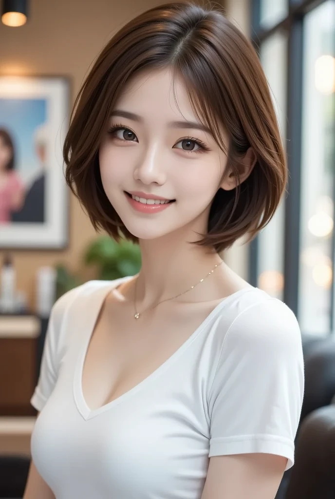 ((masterpiece)), ((Highest quality)), ((Complex)), ((Surreal)), (Realistic), (Mature Woman), ((No classes)), Very detailed, (1 female), Beautiful and exquisite, (Beautiful Teeth), Grin, Brunette bob hair, Brown eyes, ((blouse)), (Upper Body), (background:none), Perfect Eyes, Captivating eyes, Looking at the audience
