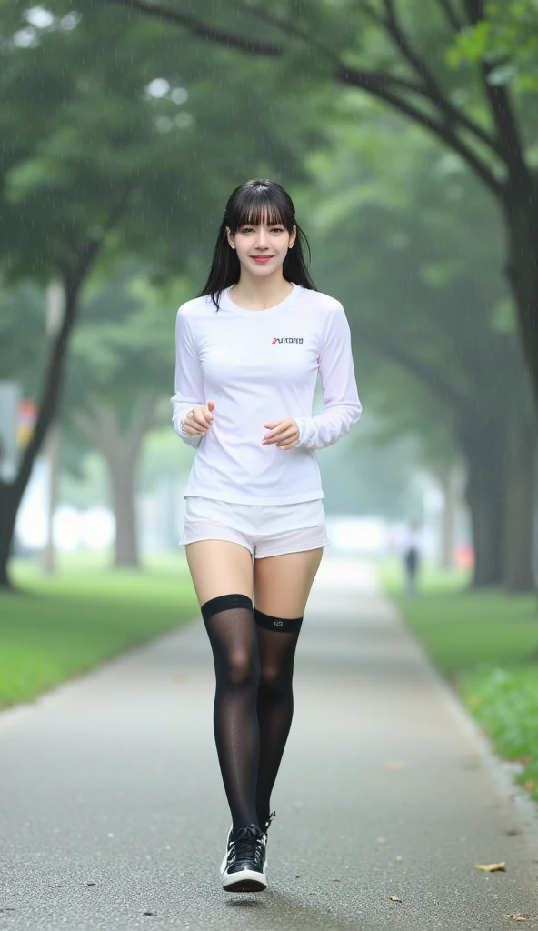 mix4, 20d, solo, short_hair, shirt, high_heels,full_body, look_at_viewer, (8k, RAW photography, top quality, masterpiece:1.2), (realistic, photorealistic:1.37), professional lighting, photon mapping, radiosity,physically based rendering、Gym suit(white shirt with lines on the cuffs)と赤色のWearing bloomers、Wearing bloomers、Bloomers that fit into your crotch、lewd smile、japanese woman、detailed costumes、beautiful face、double eyelid、full body portrait、high socks、sneakers、nipple erection、sweaty、Full body soaked、Japanese idol、Light costume