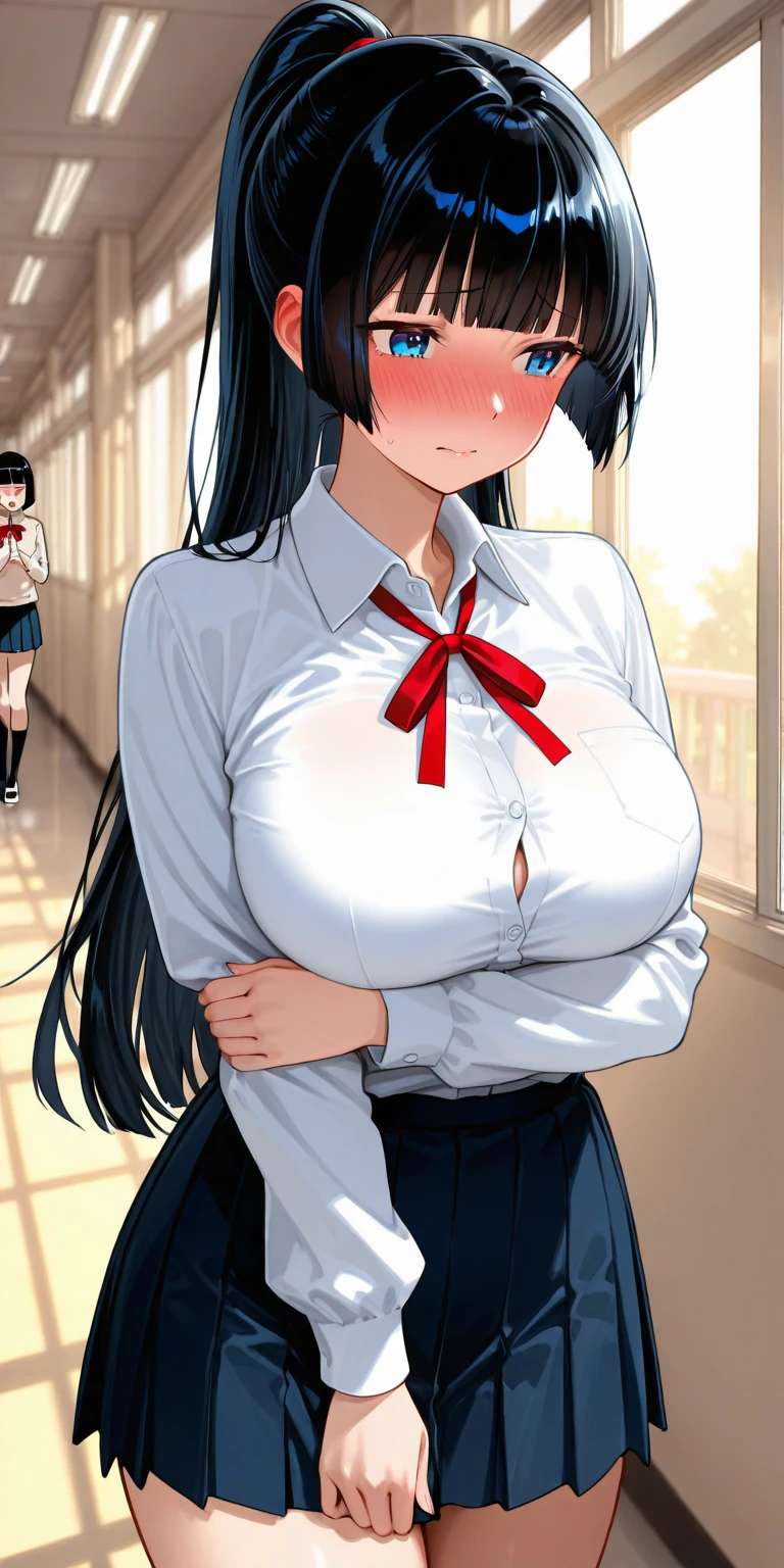 Beautiful official illustration、two women、The beautiful woman in front of me was being held by her friend behind her, who pulled her clothes and exposed her nipples.、upset、Sweat、cry