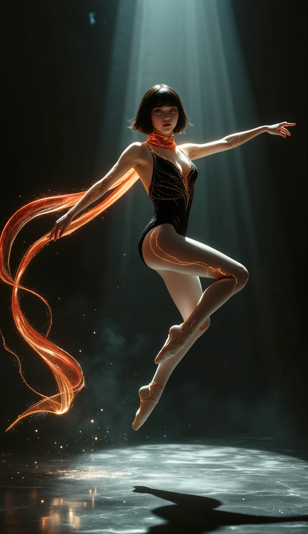 (masterpiece, 8k, best quality, ultra-detailed, photorealistic), A stunning artistic illustration of a surreal fantasy dancer. The subject is a gorgeous young woman with a chic, short brunette bob haircut and piercing amber eyes; her face is a portrait of intense focus and fierce determination. Her skin possesses the flawless, opalescent glow of polished white marble. She has the lithe, powerful, and petite physique of an Olympic gymnast, with impeccably defined musculature, perfect anatomy, and anatomically correct hands with five delicate fingers. She is captured mid-air in a breathtaking, gravity-defying leap, a dynamic pose of sublime elegance and raw power. She performs on a vast, mysterious stage shrouded in deep shadows and dramatic, atmospheric gloom. Her attire is a high-fashion, fantasy-realism leotard crafted from obsidian-black liquid silk, accented with intricate, glowing veins of crimson and gold. The leotard features a long, gossamer-thin, flowing train that dissolves into smoky tendrils. She wears matching leggings that shimmer with a subtle, pearlescent sheen. A magnificent, impossibly long scarf, a vibrant river of fiery red-to-solar-yellow ombré, is wrapped around her neck, its ends billowing and twisting through the air like captured tongues of flame. Ethereal ribbons of incandescent light, like liquid starlight, trail from her fingertips and feet, painting shimmering, energetic arcs in the darkness, a visual echo of her movements. The scene is illuminated by dramatic, cinematic lighting, with volumetric god rays cutting through the darkness to sculpt her form, casting long, stark shadows that create a mature, poignant, and evocative atmosphere. This is a professional digital painting of the highest caliber, featuring intricate detail, sharp focus, and a style that blends hyperrealism with high fantasy, award-winning art.