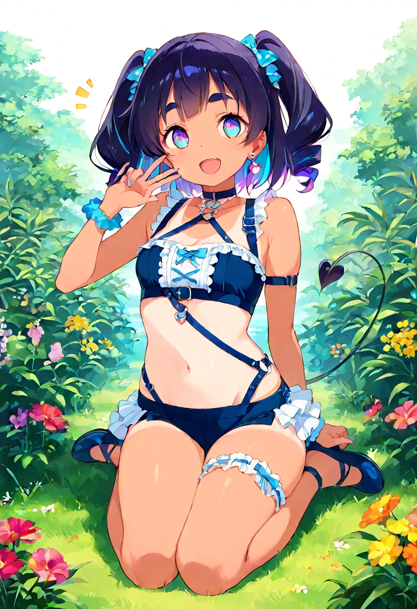 (satin、silk、(Blue panties))、Realist, 1 girl, In white, Purple Eyes, Bright Eyes, Crop top, skirt, Chapped lips, blush, evening, Flores, sun, sunlight,