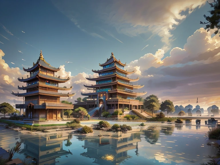 Architecture classique chinoise, Origine chinoise ancienne, montagnes, river, Nuages de bon augure, Pavillons, sun light, Masterpiece, super detail, Epic composition, ultra HD, High quality, Extremely detailed, Art officiel, unified 8k wallpaper, super detailed, super real. master pieces, Salvatore Dali,