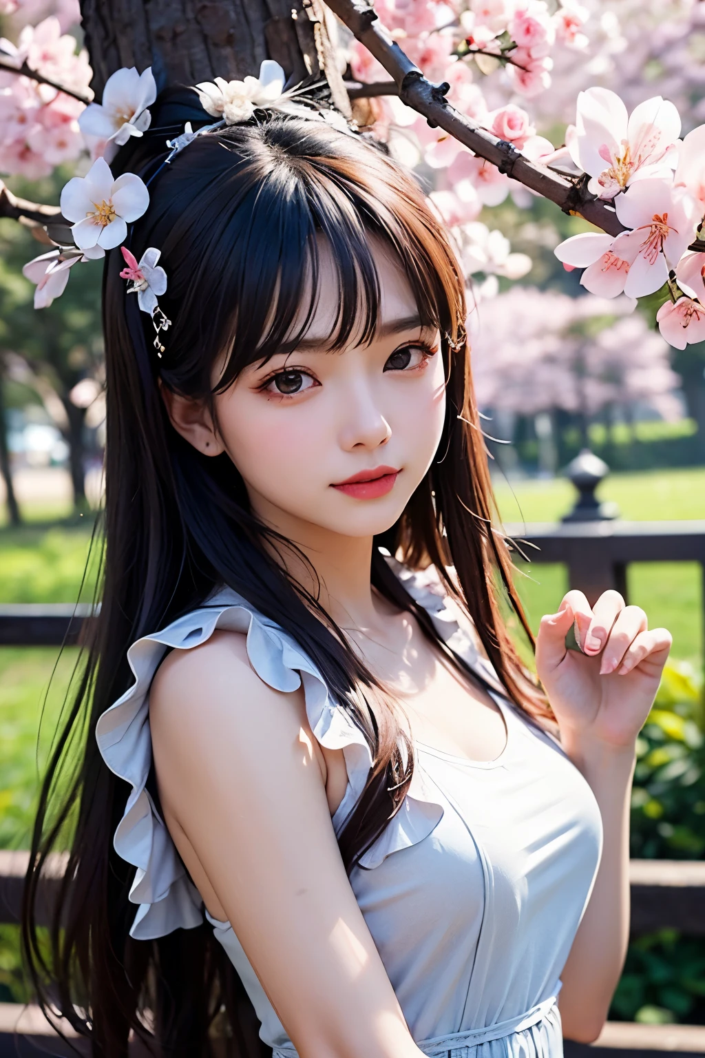 (logo、masterpiece、8k、Tabletop、RAW Photos、wonderful、最high quality、フォトリアリスティックでVery detailedな CG 統合 8k 壁紙、high quality、Very detailed、Narrative poem、Particle Effects、Dynamic Effects、Written boundary depth、Cinematic Light、Lens flare、Ray Tracing)、Fantasy、 (1 Beauty、dress、dress、Cherry blossom pattern、Black-haired、Beautiful Face、True Face、Beautiful details、eye、Beautiful Skin)、髪がWindで踊る、Hair flutters in Wind、Hair bounces、Pink cherry blossom tree、Petals flutter、SakuraFubuki、wonderful景色、Morning Glow、Sun in the background、Wind、