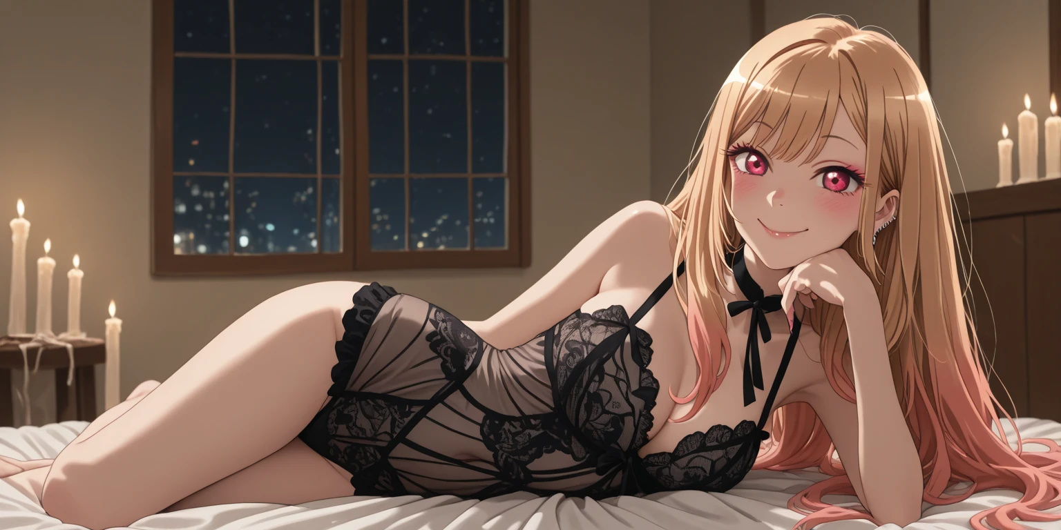 masutepiece, Best Quality, absurderes, Looking at Viewer, Solo, Rita Rothweiss (A Summer Night's Dream), Rita Rothweiss, Underwear that can be taken off, Red Rose, Red Eyes, Blonde hair, Mole under the eyes, Hair over one eye, naked seductive body,, Seductive smile, (ulzzang-6500:0.8), Long hair, day,