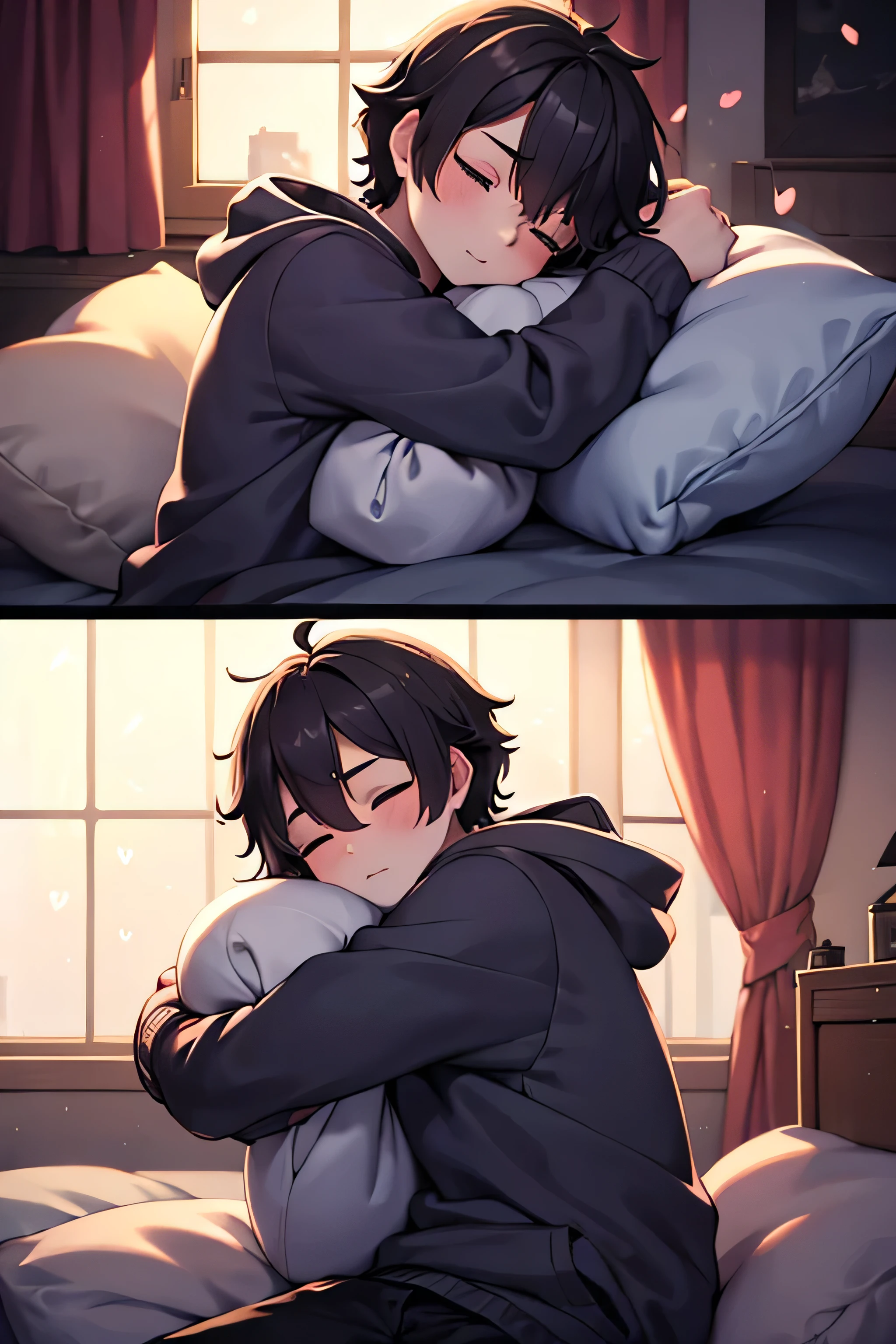A haired boy wearing a hoodie, hugging a large pillow tightly with both arms, leaning his head against it with a peaceful expression, soft lighting, hearts floating around, cozy atmosphere."
